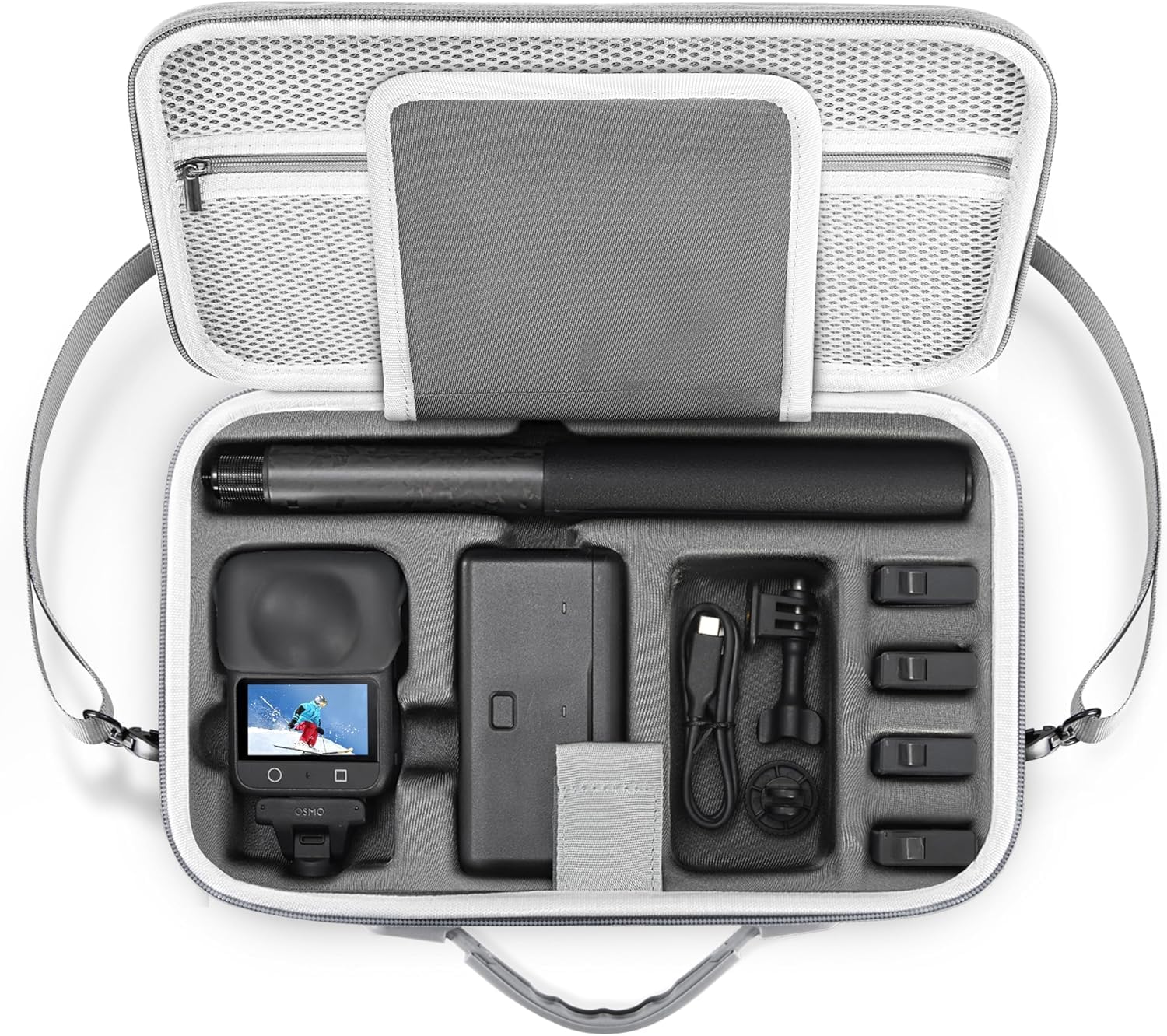LEQTRONIQ Travel Carrying Case for DJI Osmo 360 Camera and Accessories, PU Leather Hard Shell Bag with Customized Partitions, Shockproof Protection, Mesh Pocket, Shoulder Strap and Carry Handle-picture-14
