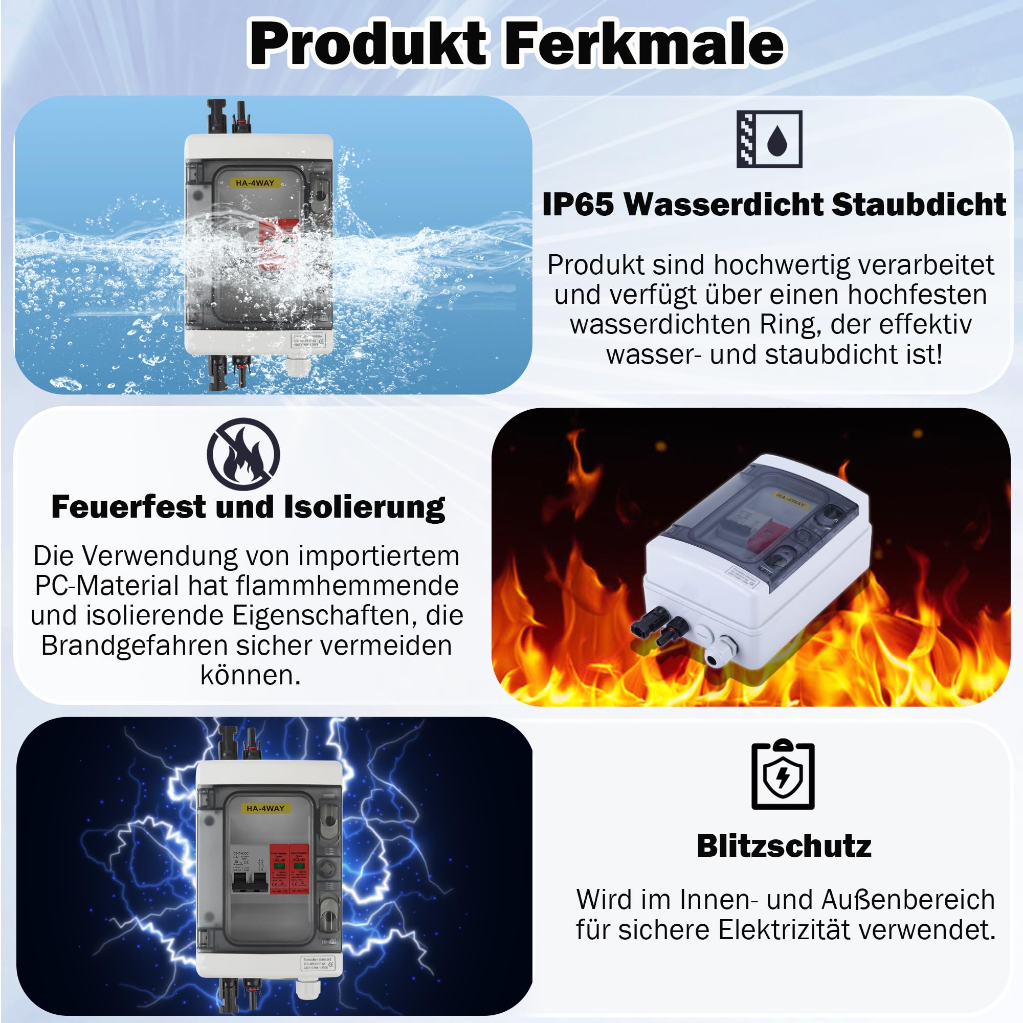 Warmfay Überspannungsschutz PV Solar Trennschalter Blitzschutz DC Leitungsschutzschalter 1000V DC 32A, PV Anschlusskasten 1 String 4 Module(1 In 1 Out) für PV Anlage Photovoltaik IP65 Wasserdichtes