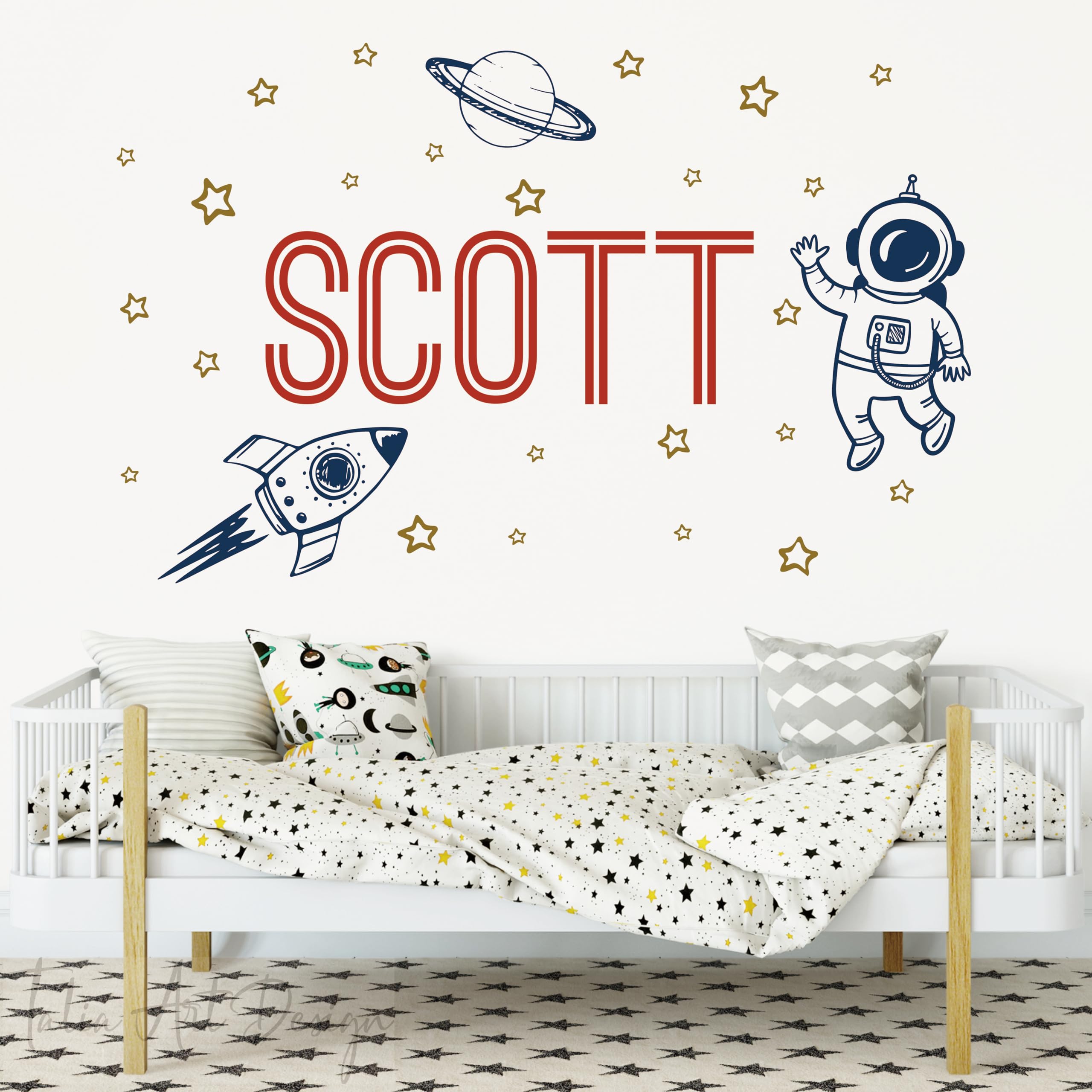 Custom Name Space Ship Wall Decal - Personalized Planet Wall Sticker - Spaceship Planet Outer Space Wall Decal for Nursery Bedroom playroom