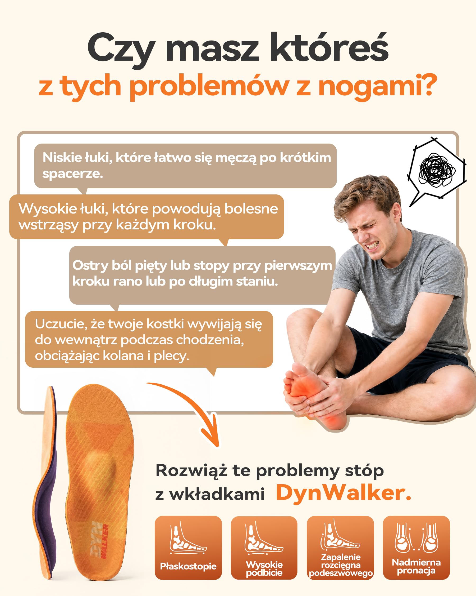 DynWalker Wkładki łuk stopy na płaskostopie i zapalenie powięzi | 3D wsparcie łuku, amortyzacja TPU+EVA, poduszka amortyzująca przedstopie, stabilizacja pięty, do stania, chodzenia