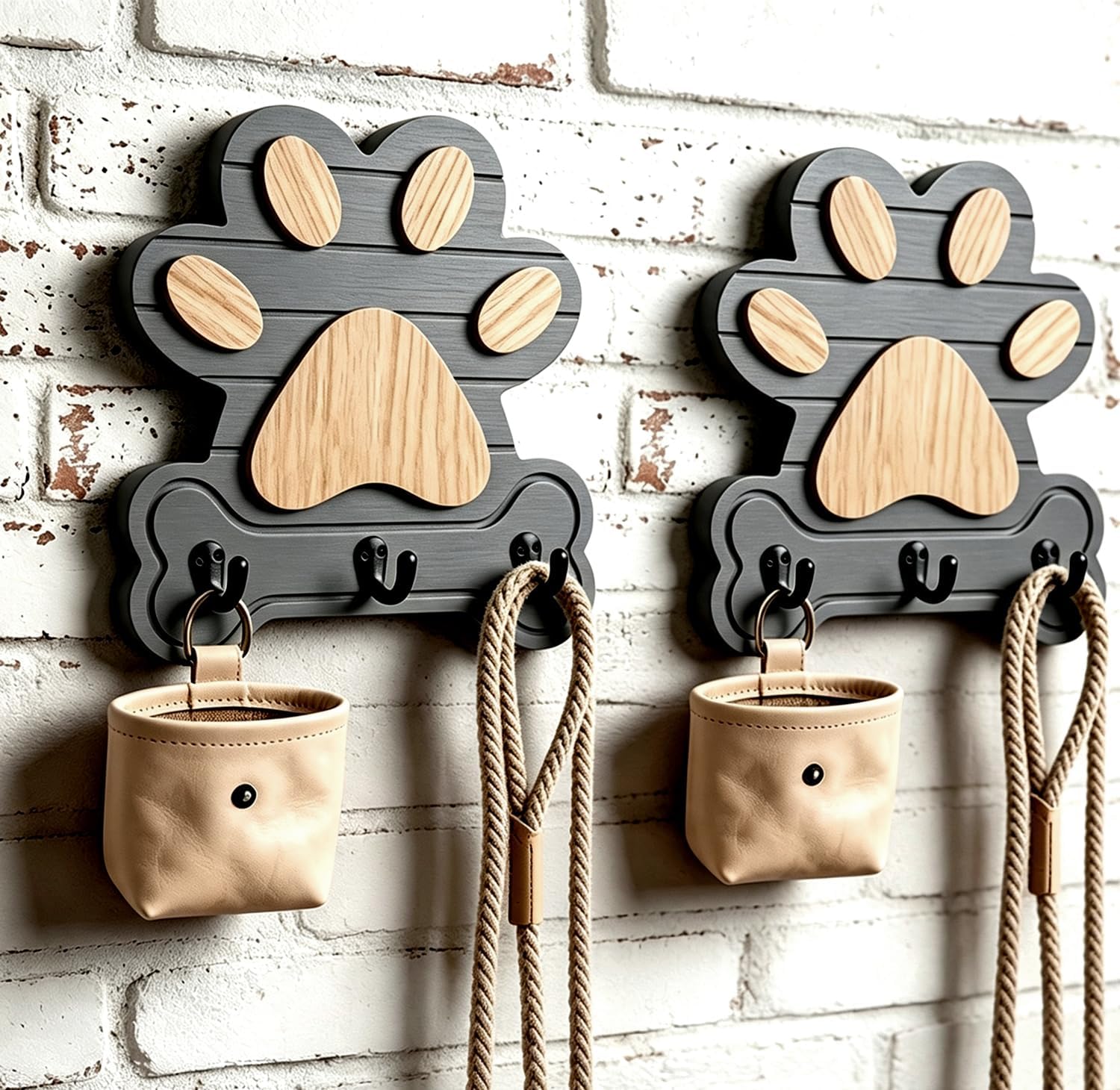 2pcs Dog Leash Holder for Wall, Dog Leash Holder, Dog Leash Hooks for Wall,Dog Leash Hanger,Dog Paw Key Holder,Wall Mounted Dog Leash and Key Holder,Rustic Pine Wood Decor for Home Entryway（Grey）