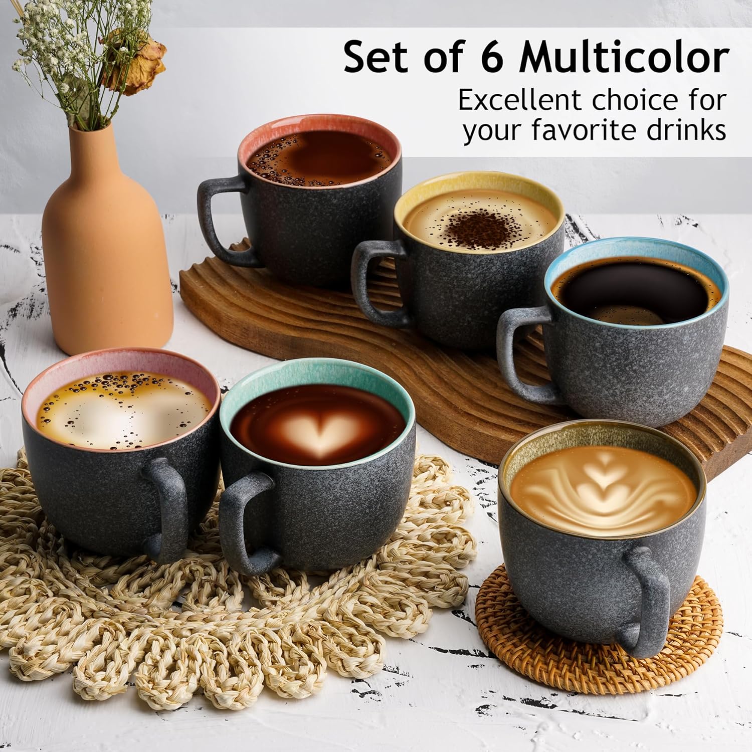 MIAMIO - 6 x 16 oz. coffee cups/mug set/coffee cup large/modern stoneware coffee mugs - Las Palmitas Collection - Image 3