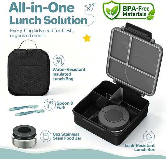 Bento Lunch Box Set for Kids with 8oz Soup Thermo, Leak-Proof Lunch Containers with 4 Compartment, Kids Thermo Hot Food Jar and Insulated Lunch Bag for Kid to School-Black