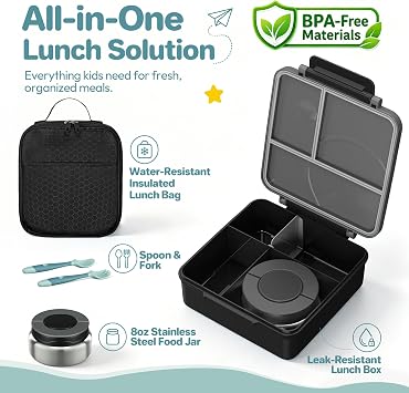 Bento Lunch Box Set for Kids with 8oz Soup Thermo, Leak-Proof Lunch Containers with 4 Compartment, Kids Thermo Hot Food Jar and Insulated Lunch Bag for Kid to School-Black