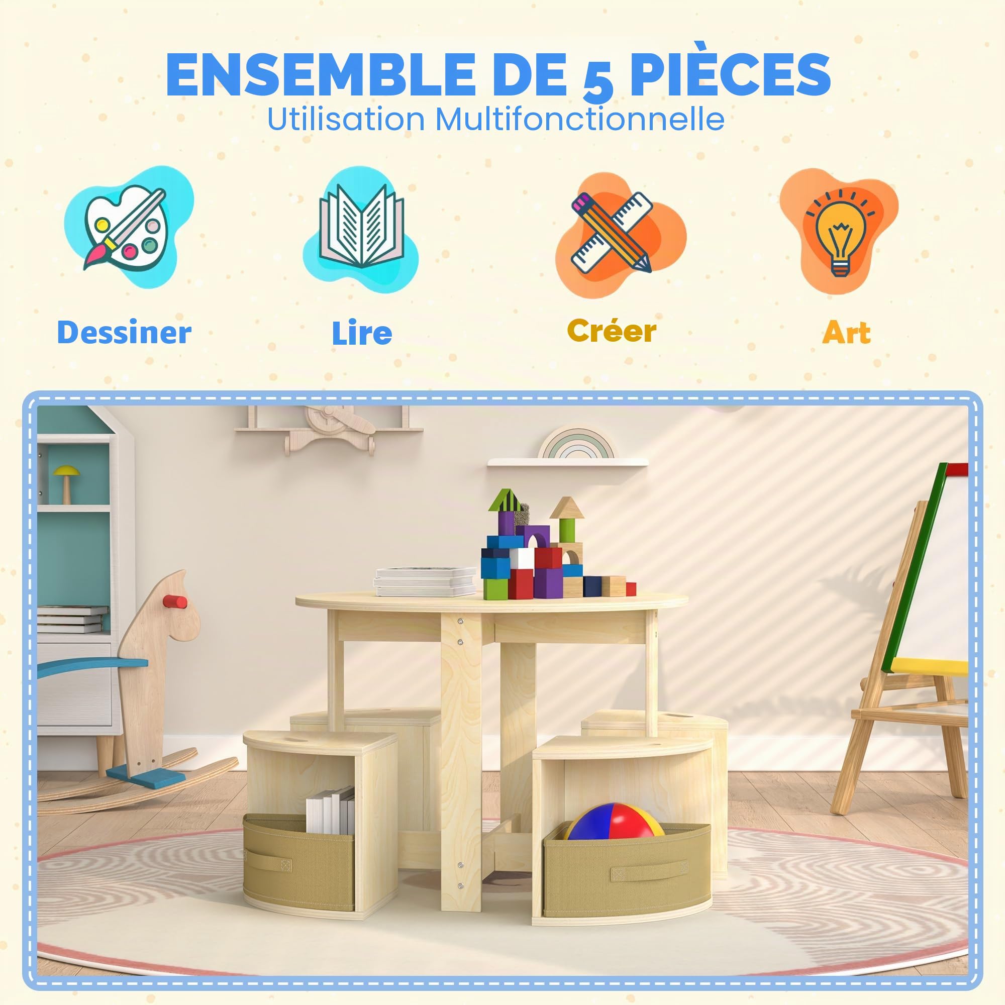 Puecrof Table pour enfant avec 4 tabourets et espace de rangement - Salon rond en bois pour chambre d'enfant, jeu et bricolage - Design peu encombrant en blanc naturel