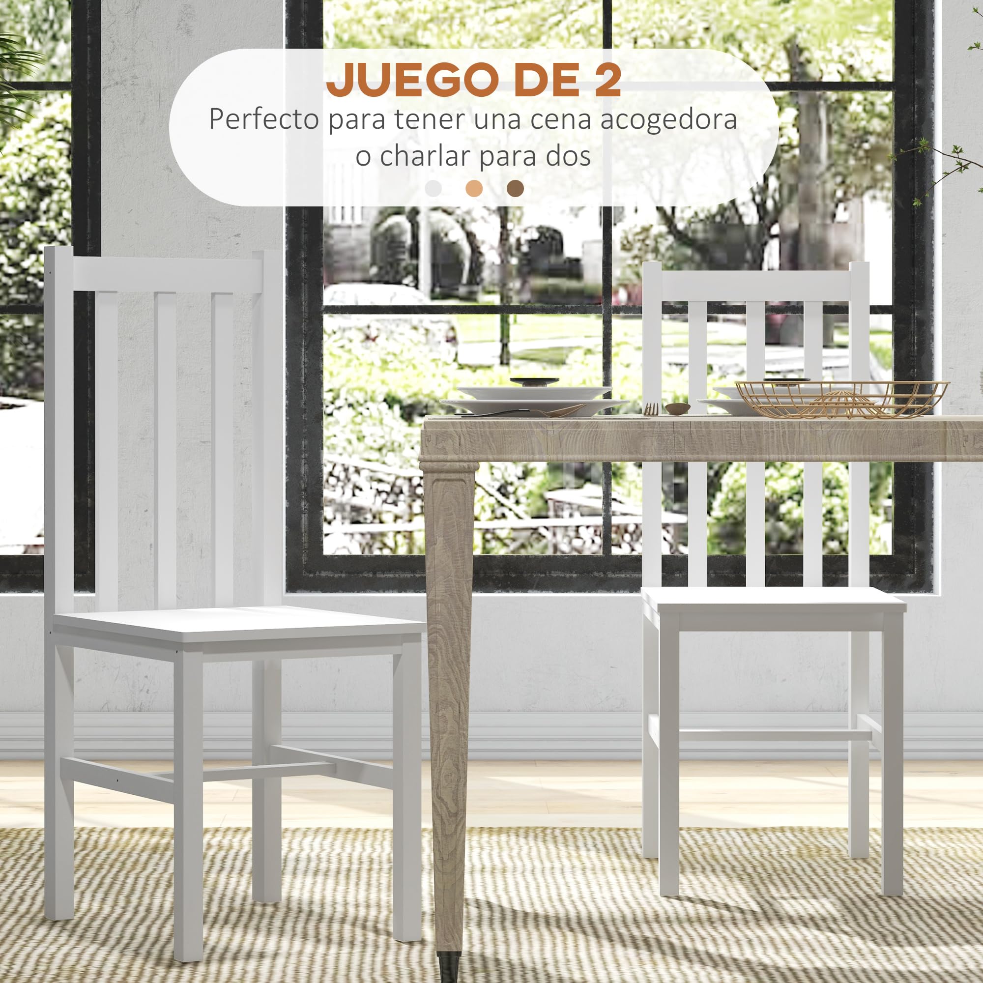 HOMCOM Juego de 2 Sillas de Comedor de Madera de Pino Blanco