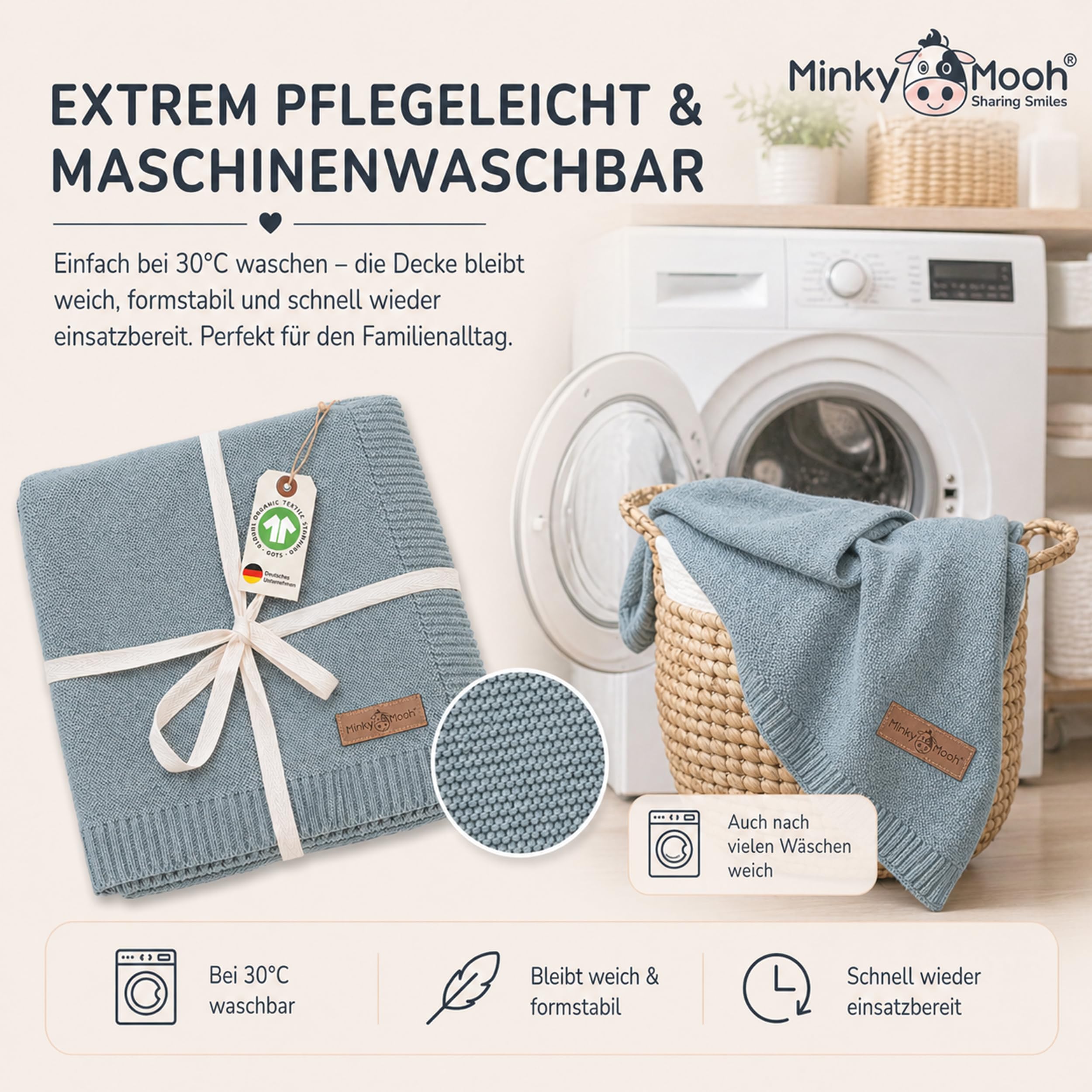 Babydecke aus 100% Bio Baumwolle (Öko-Tex 100) Gr. 94x72cm blau - Baby & Kuscheldecke Geschenk für Neugeborene zur Geburt Erstausstattung - Pucktuch & Baumwolldecke Mädchen & Jungen