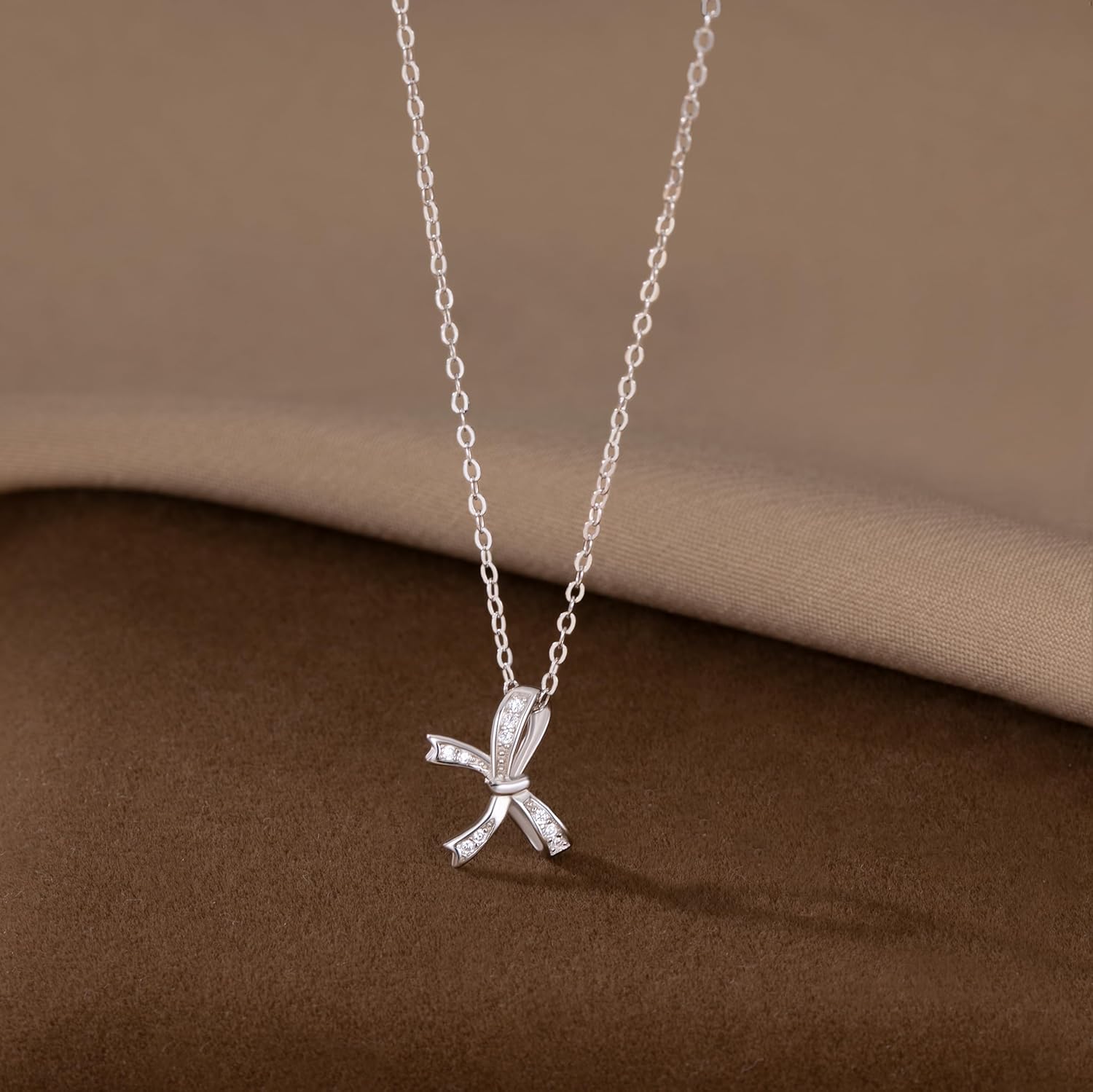 Reffeer Solid 925 Sterling Silver CZ Bow Necklace Chain for Women Teen Girls Crystal Bow Pendant Necklace - Image 4