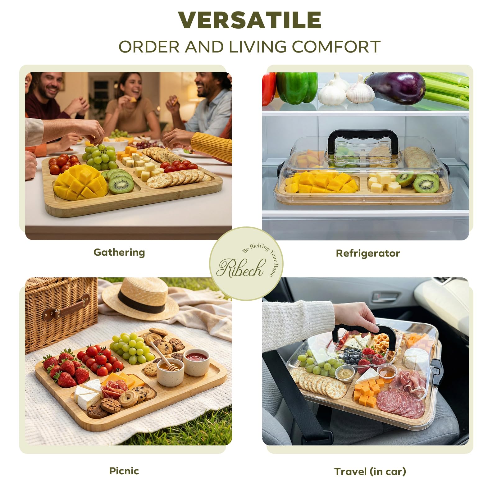 Deska do serów z bambusa Charcuterie Board z pokrywką – Przenośne deskowanie z 6 przegródkami, drewniana deska z dzbankiem do sera z PET, deska do serwowania serów, wędlin i przekąsek – Idealna