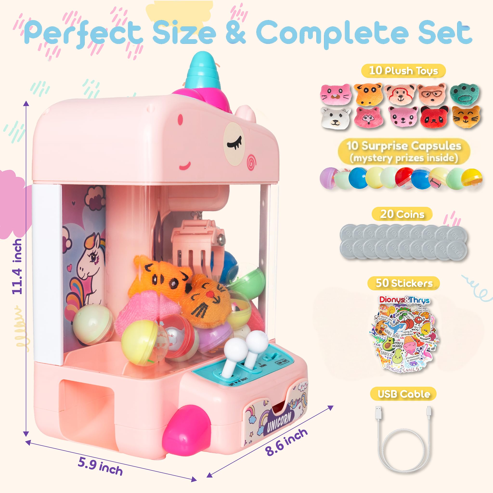 Krallenmaschine für Kinder mit 10 Plüschtieren, 10 Überraschungseiern & 50 Aufklebern – Mini-Arcade-Klauenspiel mit lautlosem Modus, LED-Lichtern, USB- oder batteriebetrieben – Geschenk für Mädchen