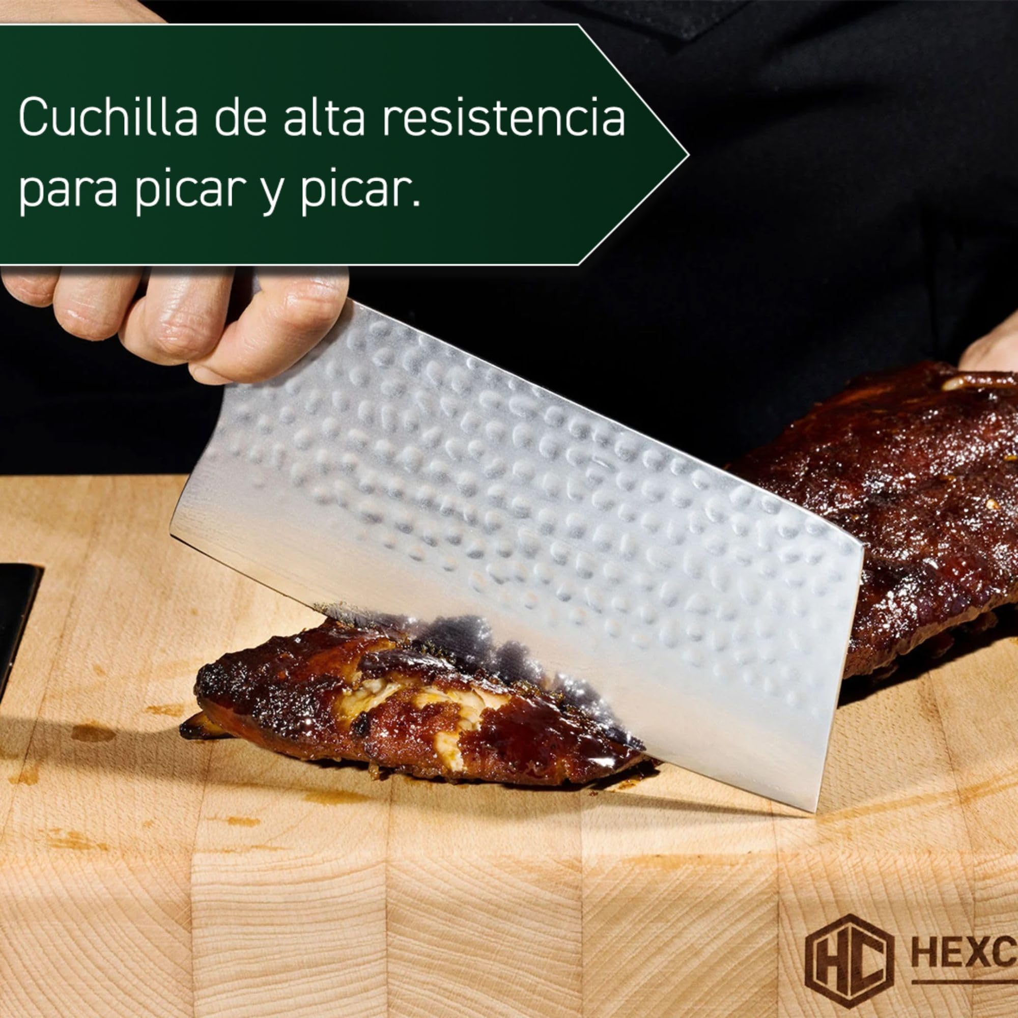 HexClad Cuchillo carnicero de 18 cm, hoja de acero inoxidable japonés de Damasco, construcción Full Tang, mango de madera de Pakka