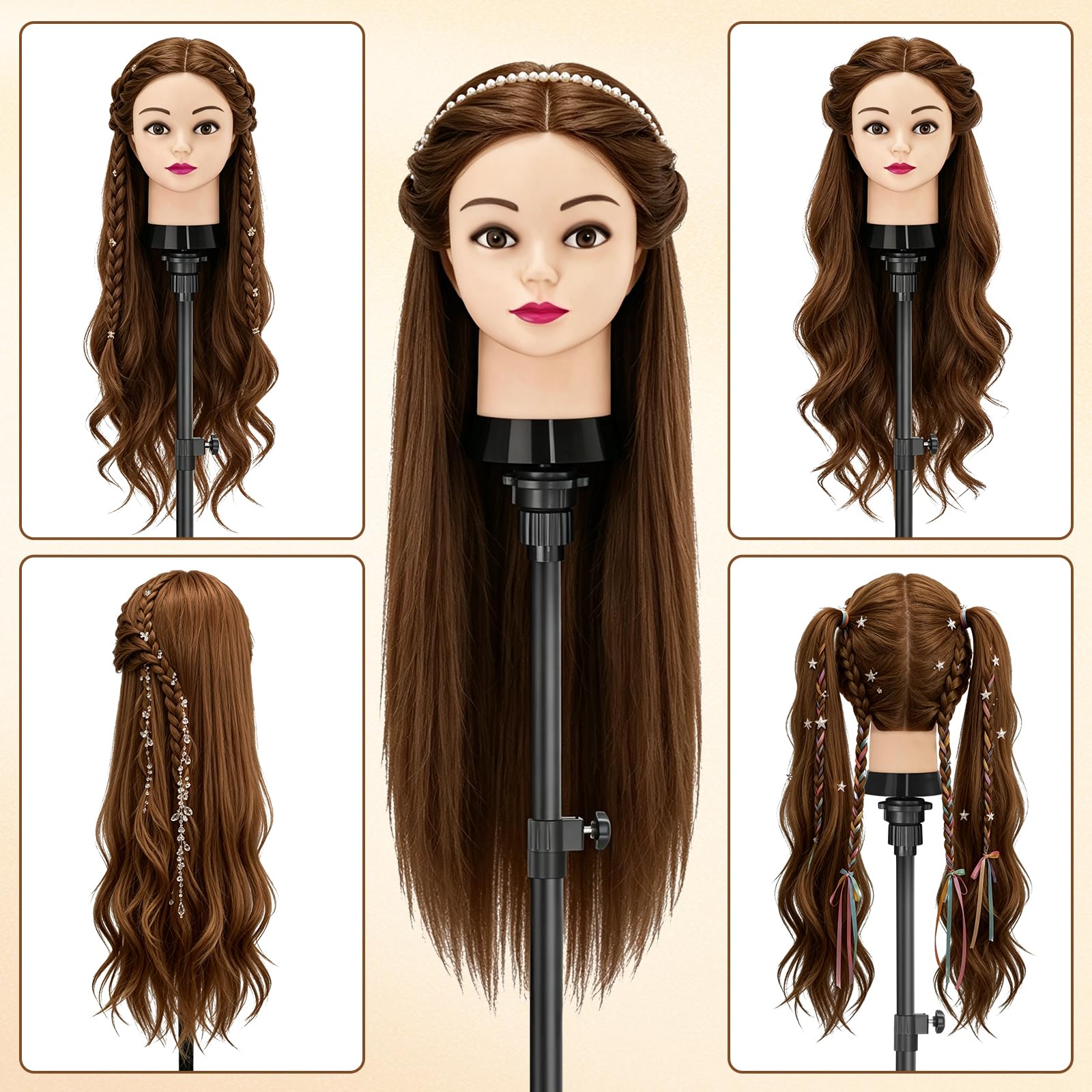 TwoWin Frisierkopf 80% Echthaar, Übungskopf 24 Zoll /60cm Friseurkopf, Trainingskopf für Friseure für Styling & Friseurpraxis mit Tischhalter + DIY Haare Frisuren Set (Braun)