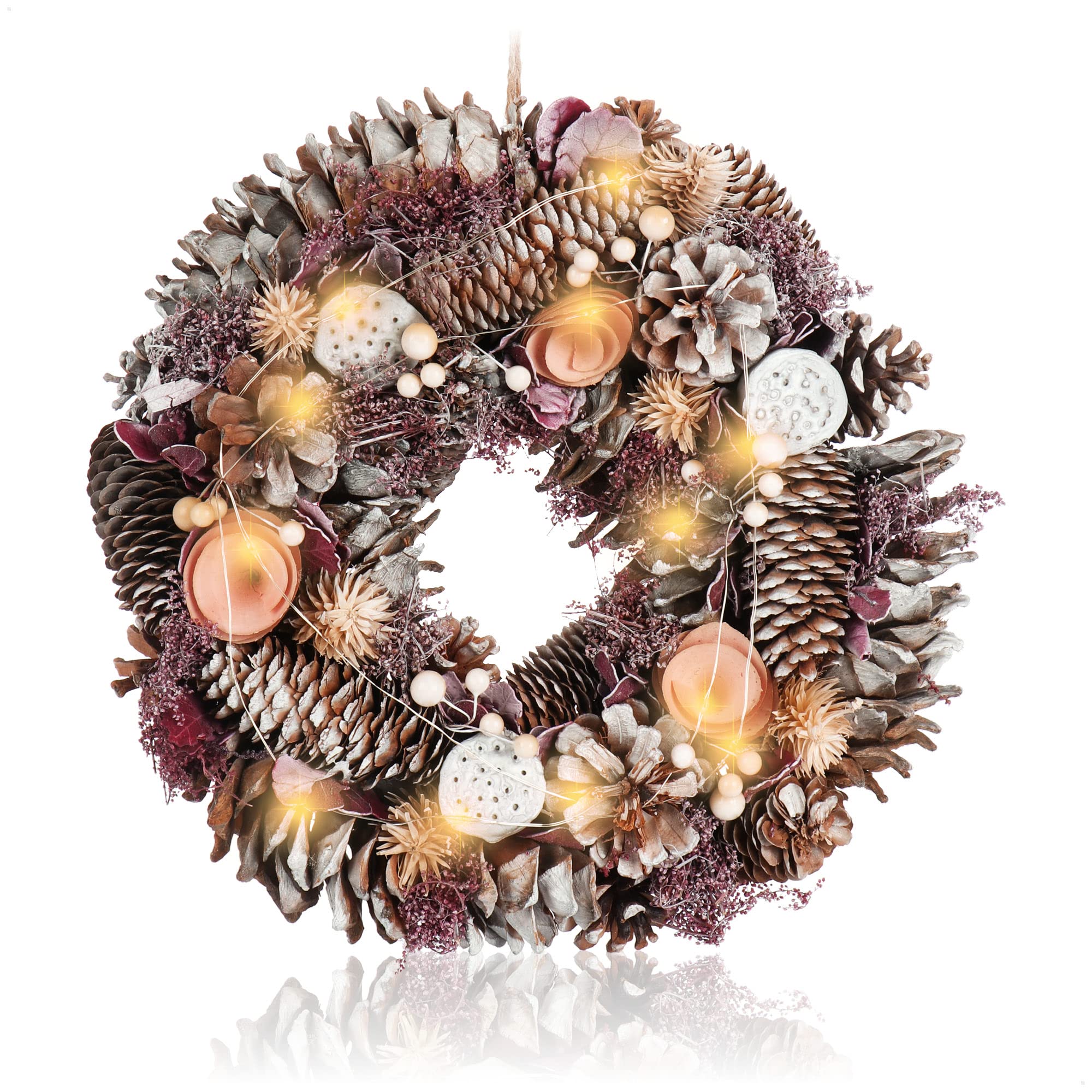 com-four® Corona de Puerta LED con Temporizador - Corona de Adviento con iluminación LED, piñas y Flores Rosas - Decoración navideña - Corona navideña con 12 LED de Color Blanco cálido