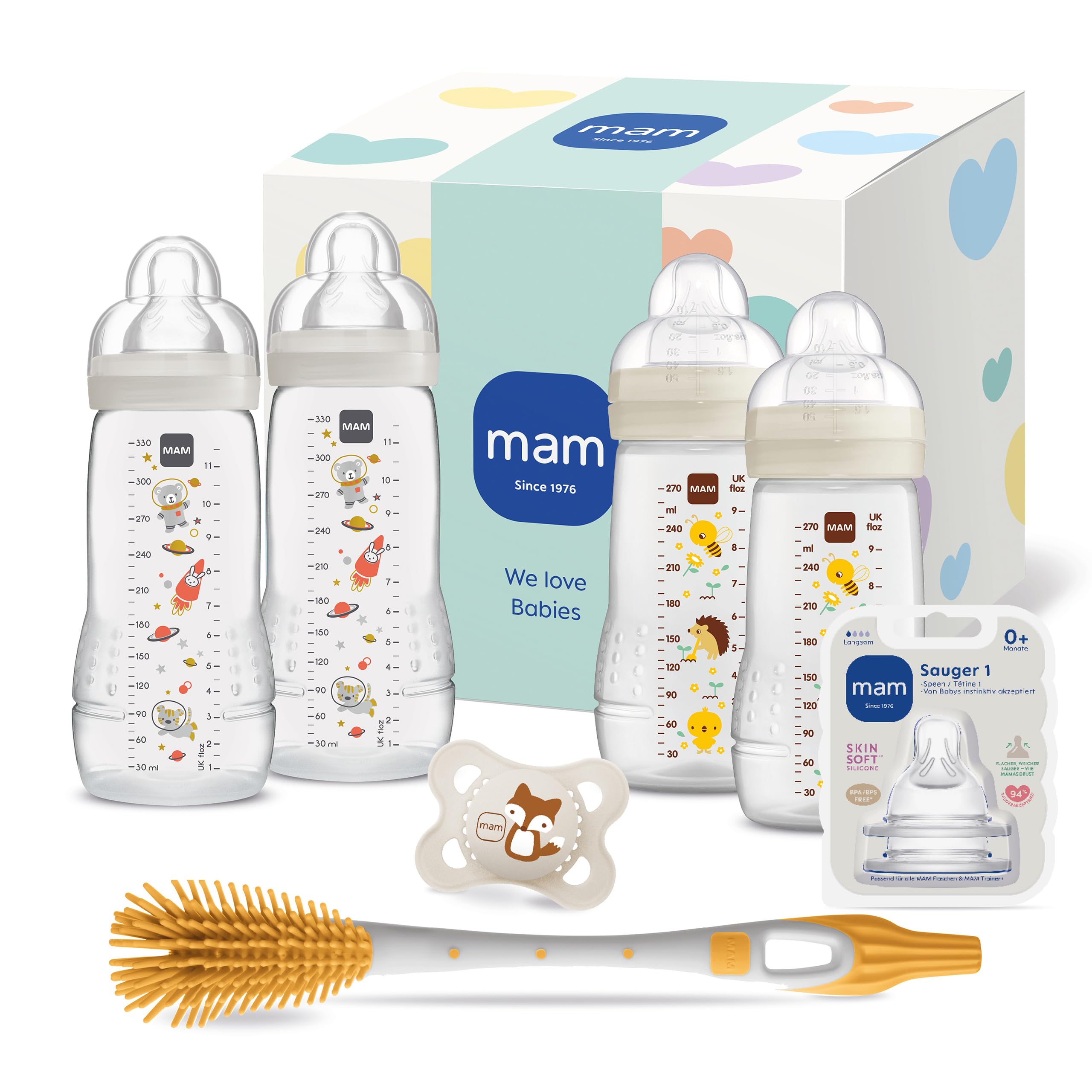MAM Easy Active Baby Bottle-Set | 0+ Mon | Babyflaschen-Set für Neugeborene | 94% Akzeptanz | stillfreundlich | 4 Trinkflaschen, 1 Original Schnuller, 1 Sauger & 1 Soft Brush | beige