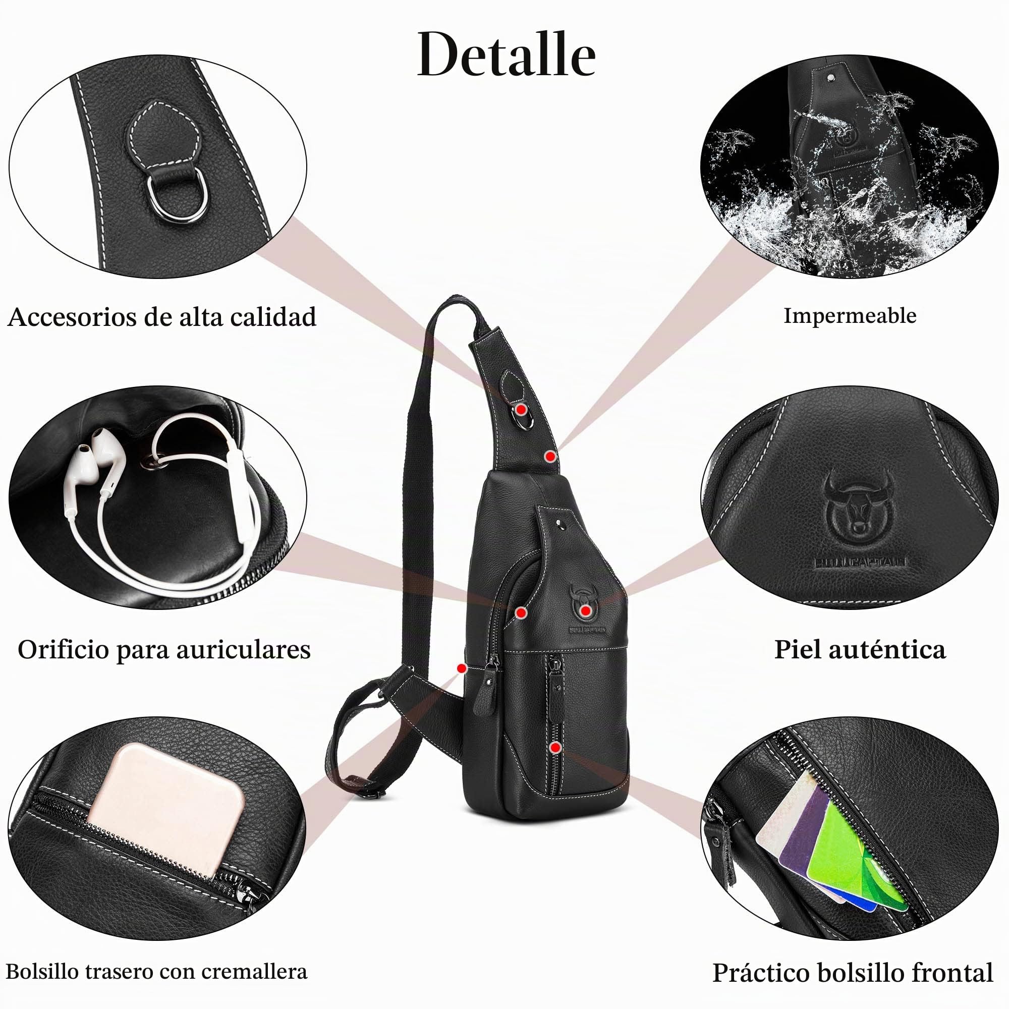 VARLIVOO Retro Bolsos de Hombro para Hombre Sling Bag con USB Port Bolsos Cruzados Bandolera Bolsa de Pecho Crossbody Bolsa Viajar Negocio Sling Backpack Impermeable Cuero Negro