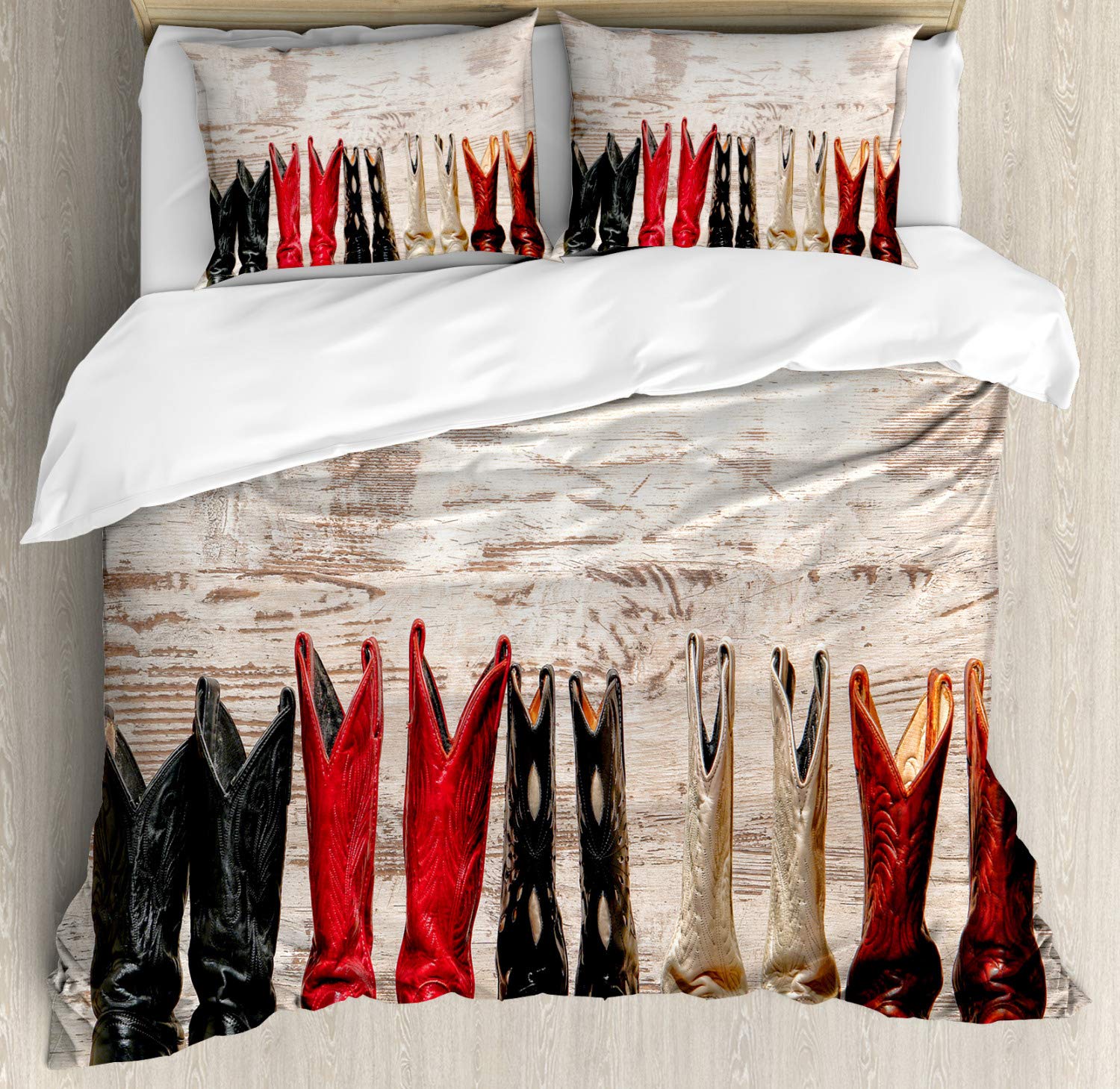 Ambesonne Western Duvet Cover Set, American Cowgirl Leather Boots Rustic Wild West Theme Cultural Print, Decorative 3 Piece Bedding Set with 2 Pillow Shams, Queen Size, Beige Red