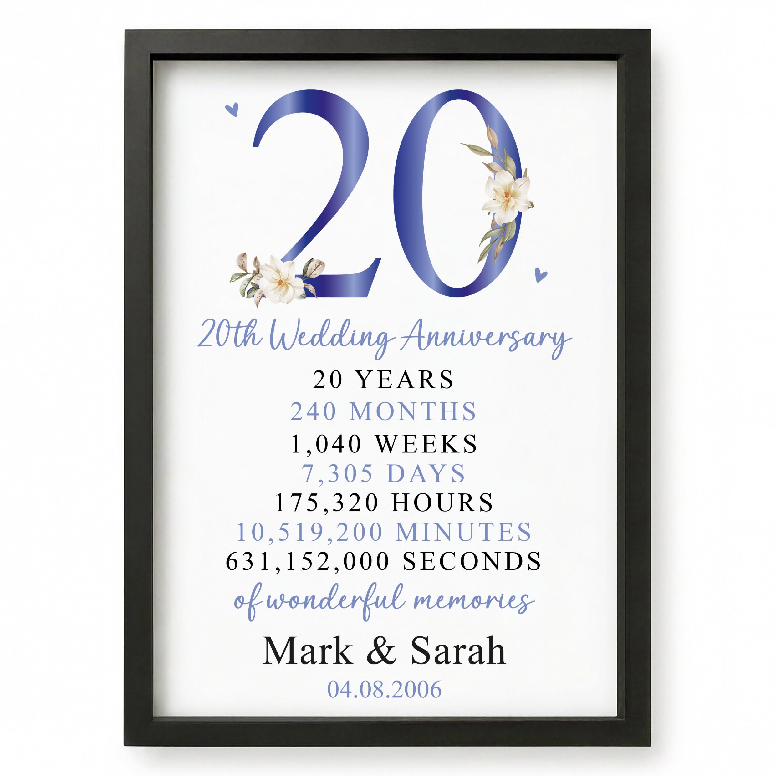 Beecreative 20th Anniversary Wedding Gifts For Couple, Personalised 20 Year
