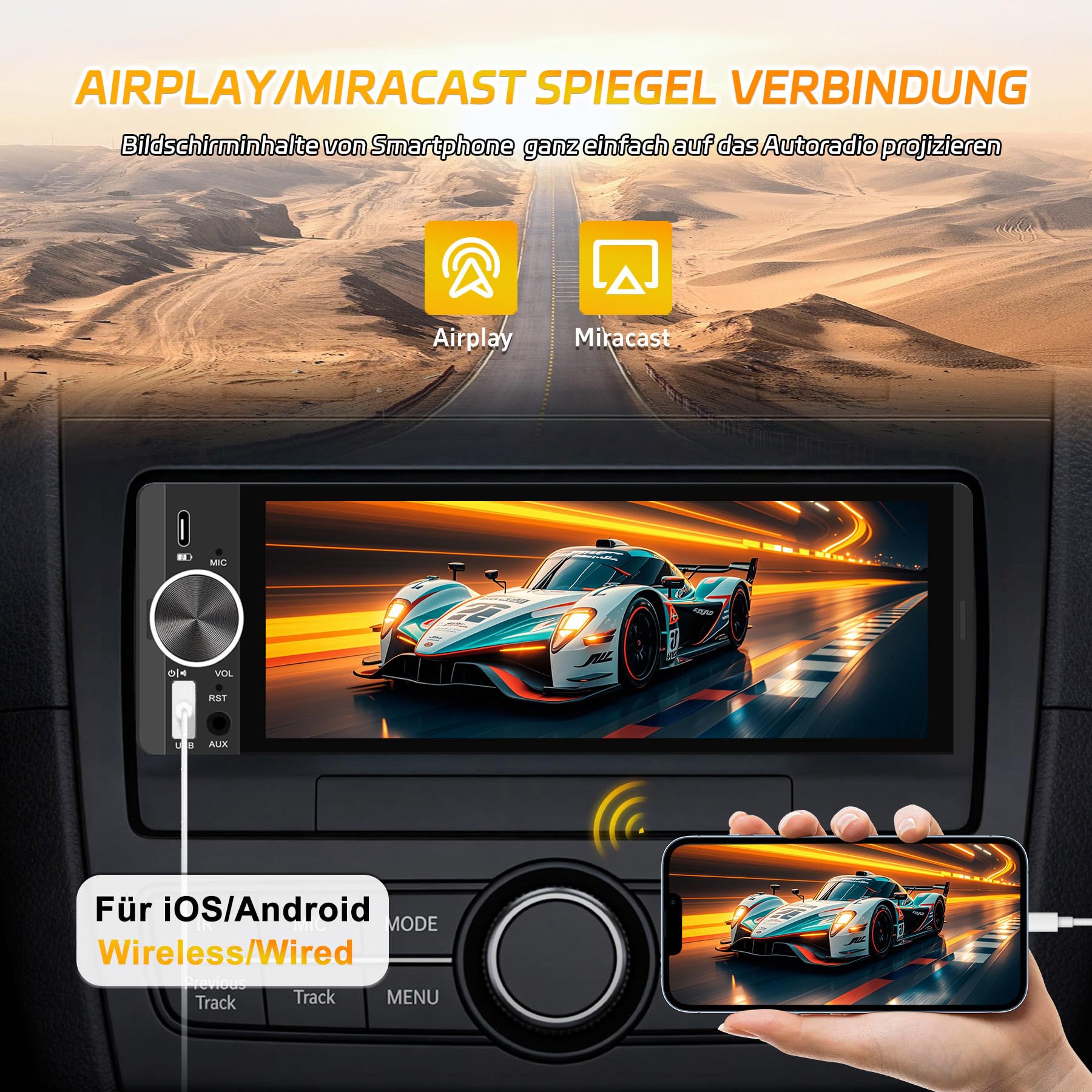 1Din Bluetooth Autoradio mit Bildschirm CarPlay/Android Auto Rückfahrkamera | 6,28 Zoll Touch Display mit GPS Navigation, FM, Lenkradsteuerung, MirrorLink, Equalizer, USB-C, AUX, Single Din Auto Radio