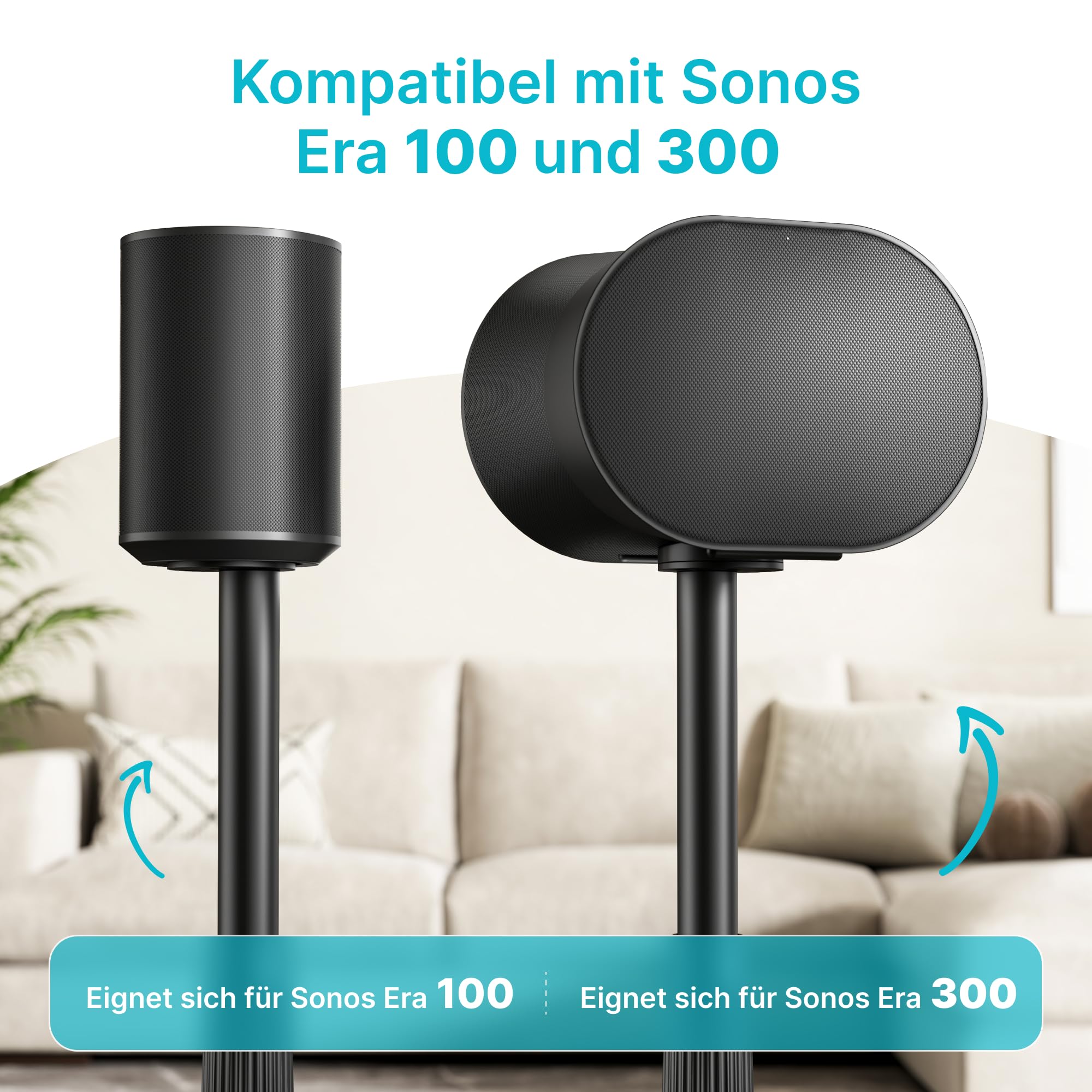 PEGZONE Höhenverstellbare Lautsprecherständer kompatibel mit Sonos Era 100&300, 68,2-106,8 cm, 5 kg Traglast, Anti-Rutsch-Basis Ø 30 cm, Schwarz