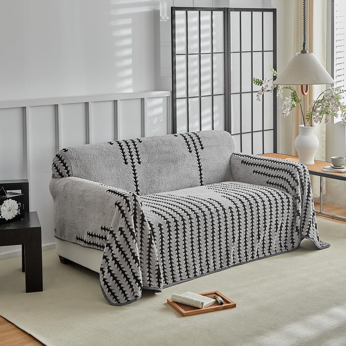 Flannel Boho Sofa Covers Winter Couch 3 Cushion Covers for Couch Sofa Pet Friendly Soft Warm Non Slip Fleece Living Room Loveseat Cover - Washable and Easy Care Furniture Protector 91"x134" Gray
