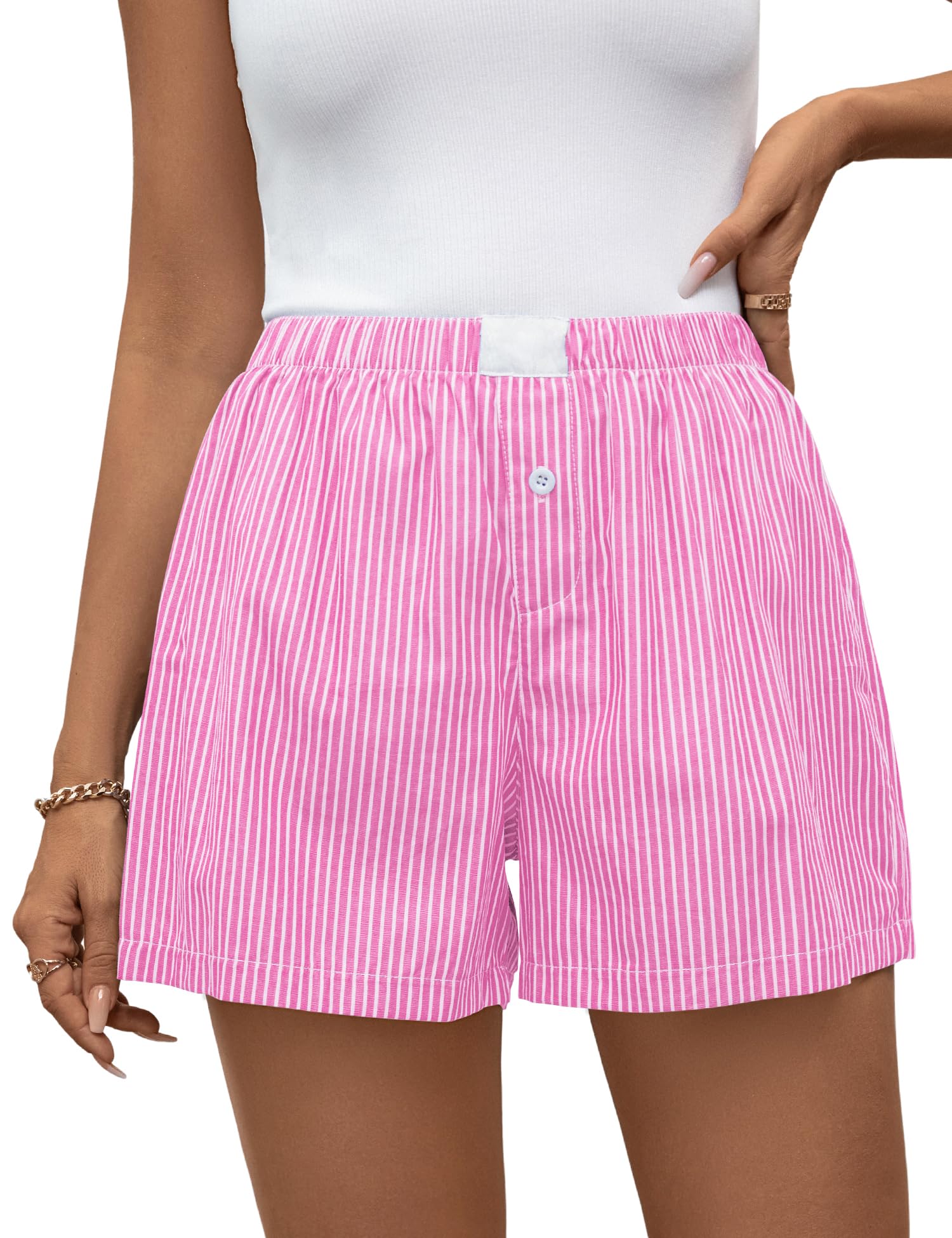 Rapbin Boxershorts für Damen, gestreift, Baumwolle, lässig, für den Sommer 2026, kariert, elastische Taille, Pyjamahose