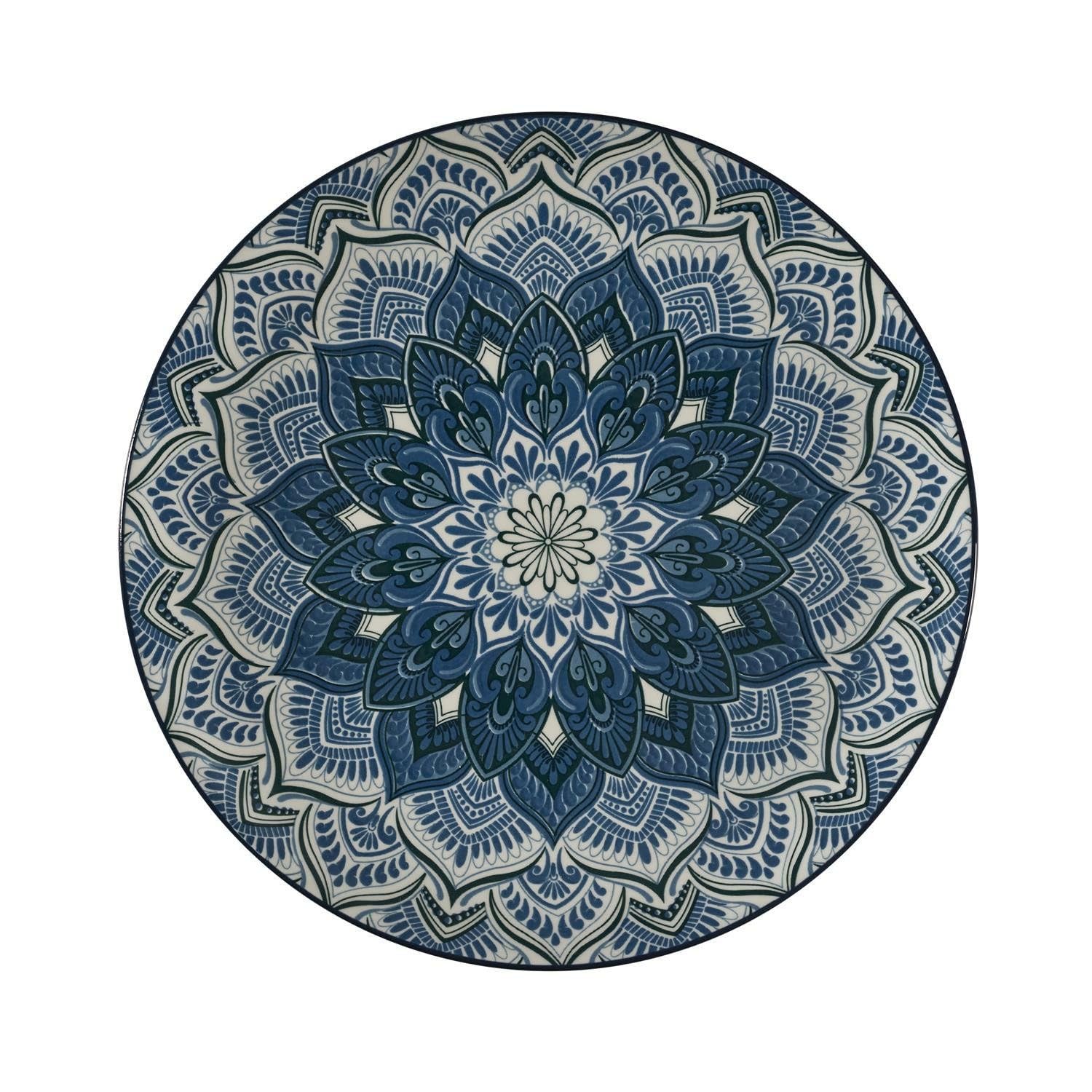 Indi - Juego de vajilla (12 piezas, porcelana, 4 unidades, 27 cm, 4 platos de postre de 19 cm, 4 platos hondos de 20 cm, diseño de mandala, oriental, elegante y moderno)