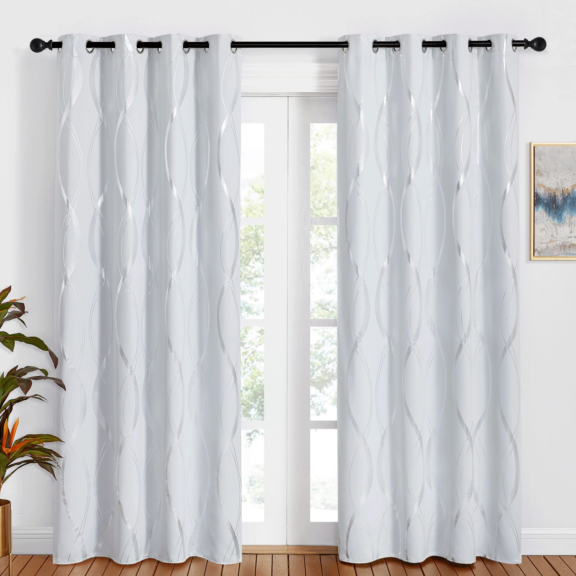 PONY DANCE Vorhänge Wohnzimmer Modern Abdunkelnde Vorhänge mit Linien-Foliebdruck Ösenvorhang 2er Set Wohnzimmer Gardinen Weiss Blickdicht H 220 x B 140 cm, Grau-weiß
