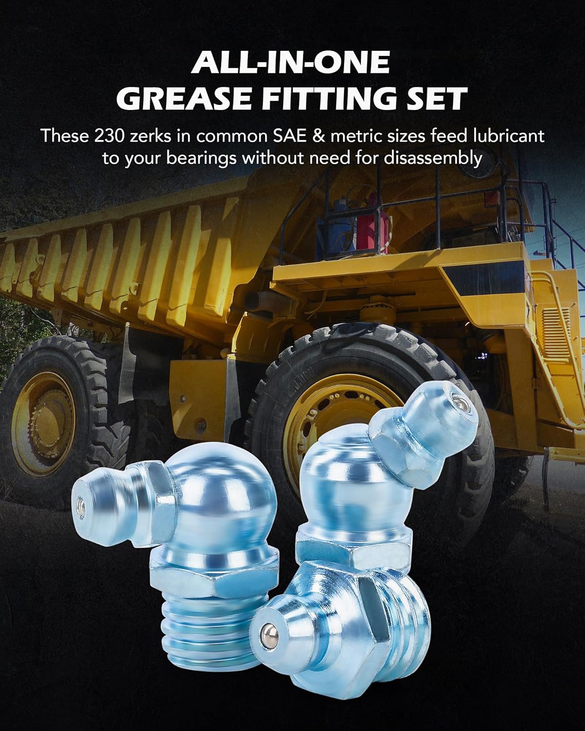 Large grease fittings with a heavy machinery background, illustrating their application
