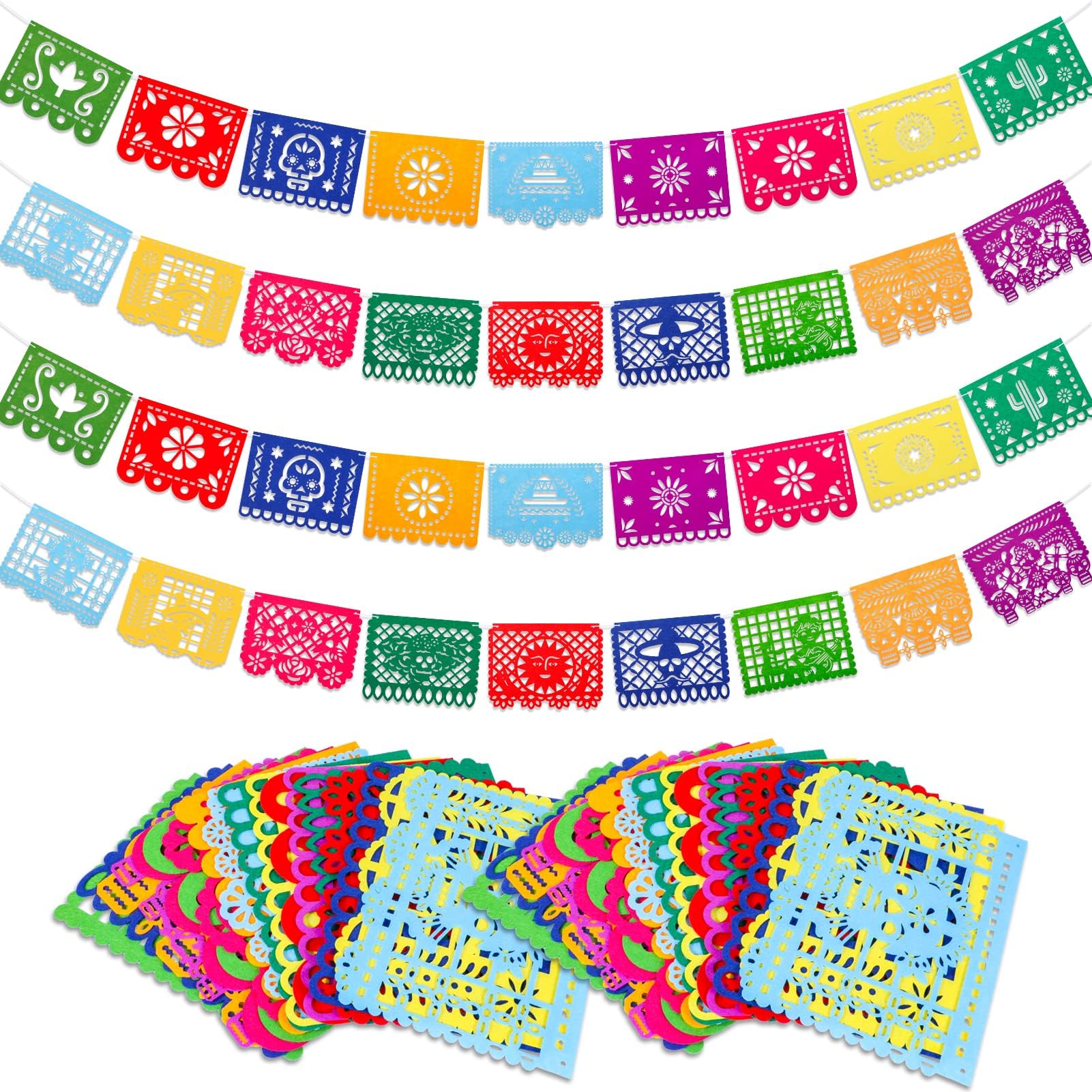 Qpout 4pcs Mexican Fiesta Party Felt Banner - Dia De Los Muertos Day of The Dead Hanging Banner - Cinco de Mayo Papel Picado Decorations