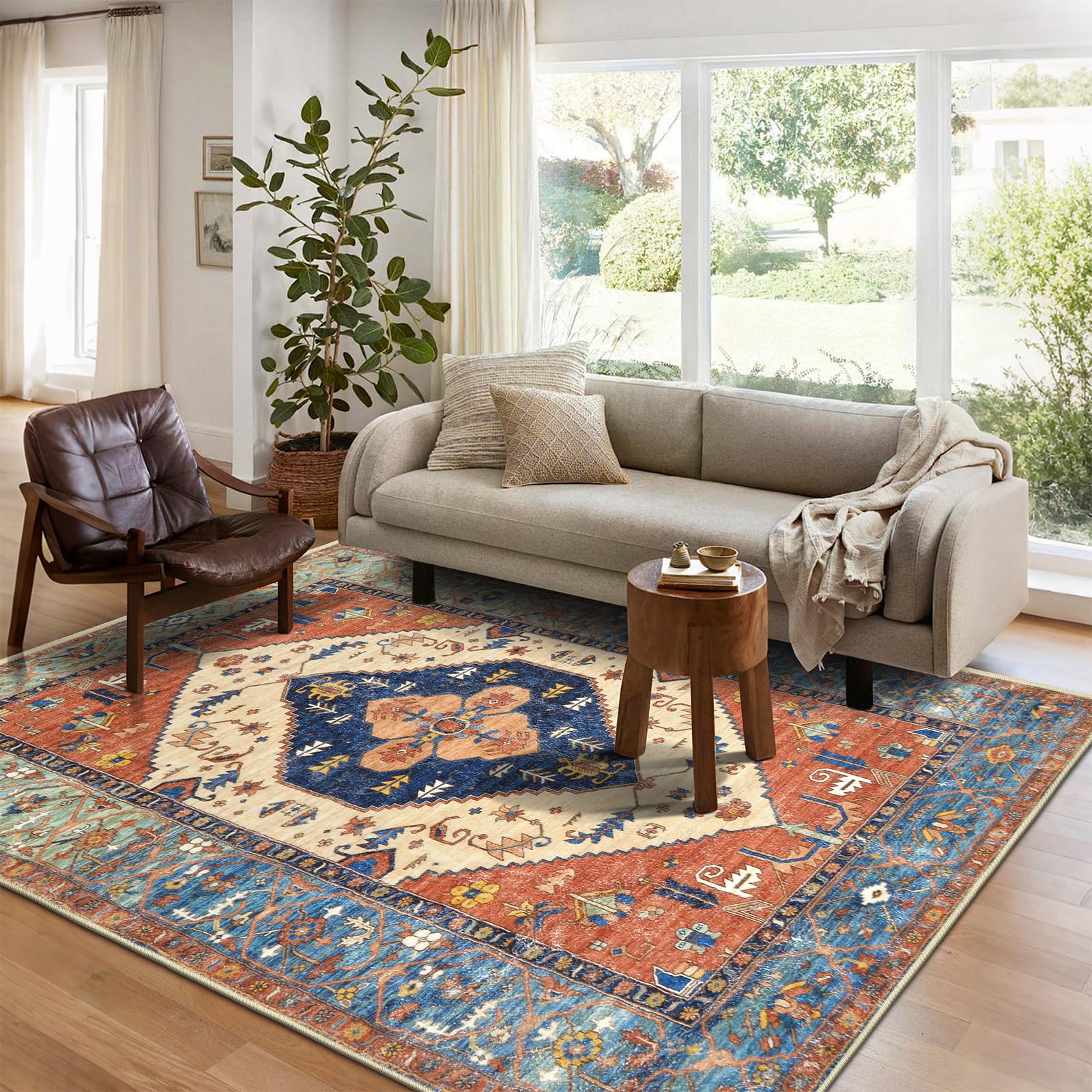 Bsmathom Area Rugs for Living Room 5x7 Non Slip Machine Washable Vintage Boho Throw Rugs Low Pile Indoor Entry Way Floor Carpet for Bedroom, Dining Room