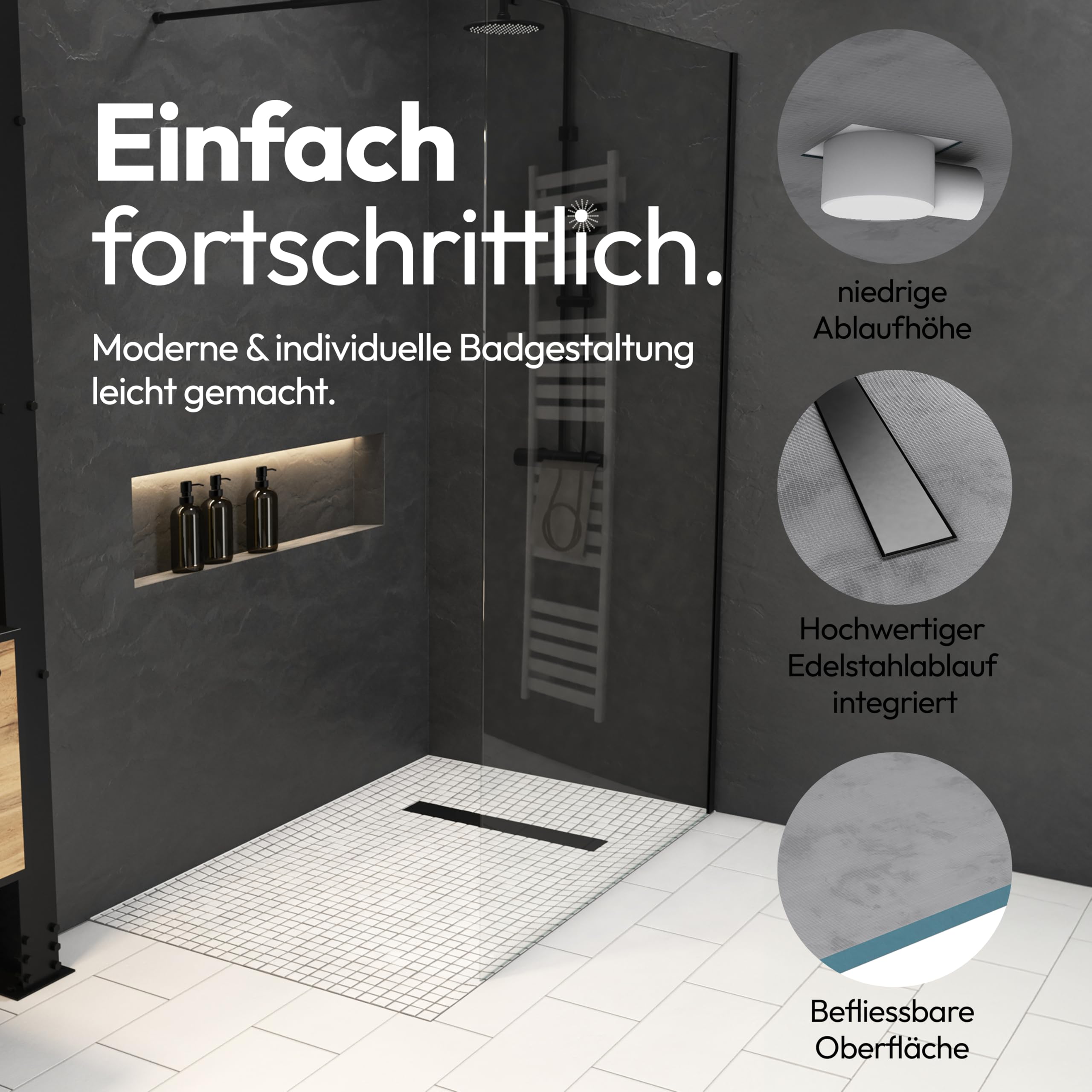 MARWELL Duschelement 90 x160 x 4 cm direkt befliesbar mit integrierter Ablaufrinne und waagerechtem Ablauf - bodeneben und barrierefrei einbaubar - integriertes Gefälle