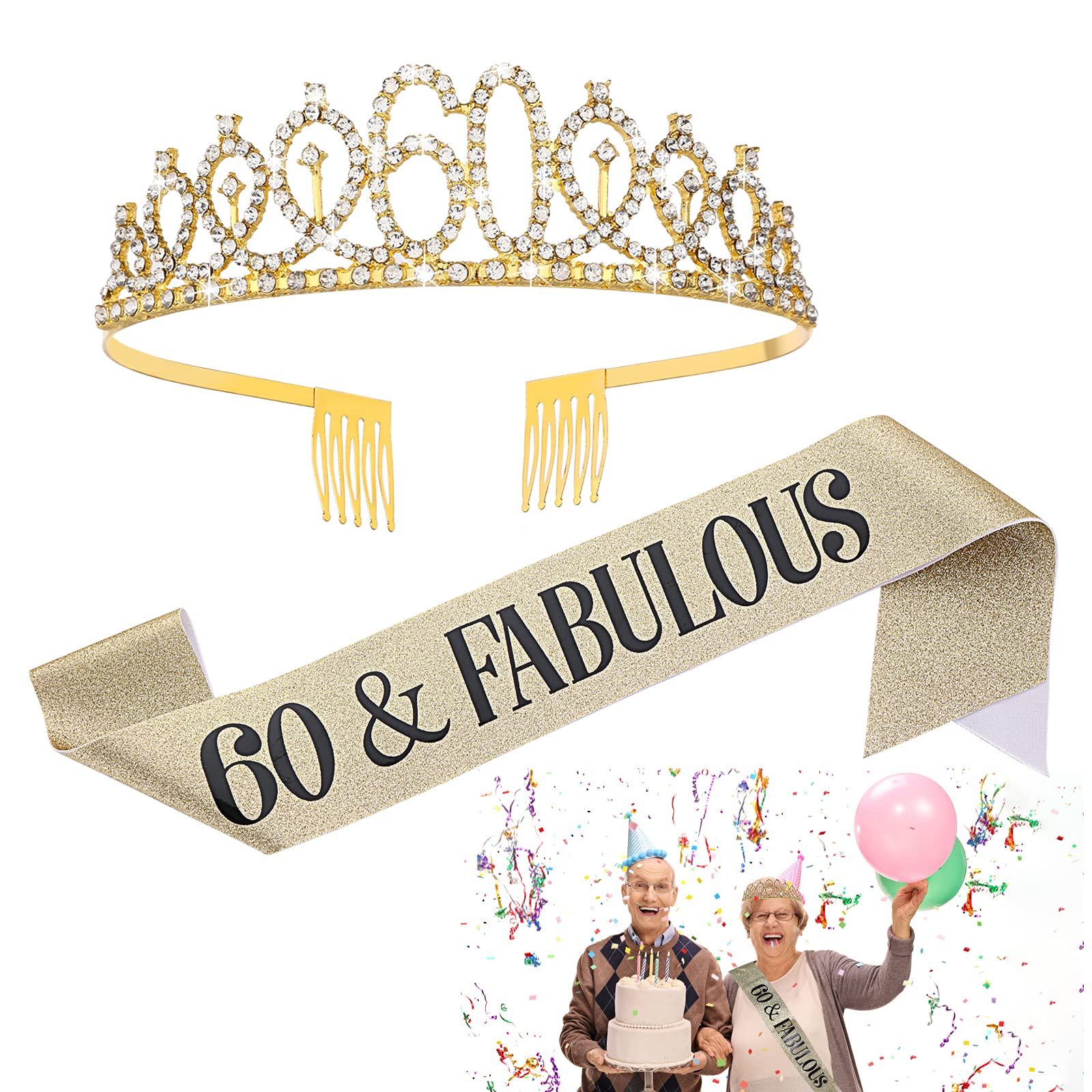 Set Diadema E Fascia Per 60° Compleanno Donna | Rosa Glitter, Con Strass E Scritta '60 & Fabulous', Elegante Tiara E Fascia Per Feste E Anniversari