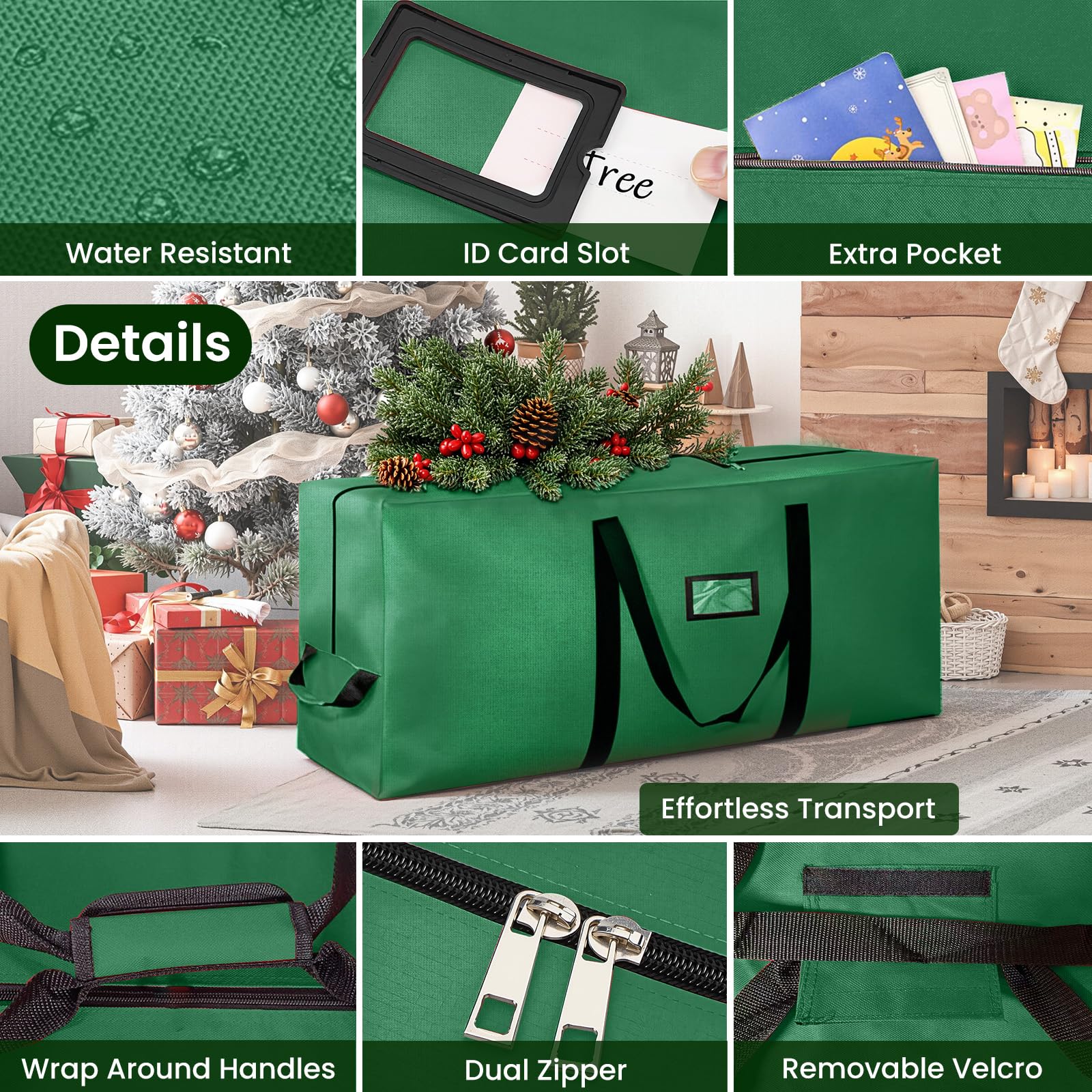 Porta Albero di Natale, Sacca per Albero di Natale in Tessuto Oxford 600D Impermeabile e Antipolvere, Durevole Borsa per Albero di Natale con Cerniera e Manici, Adatta Fino a 210 cm Alberi, Verde