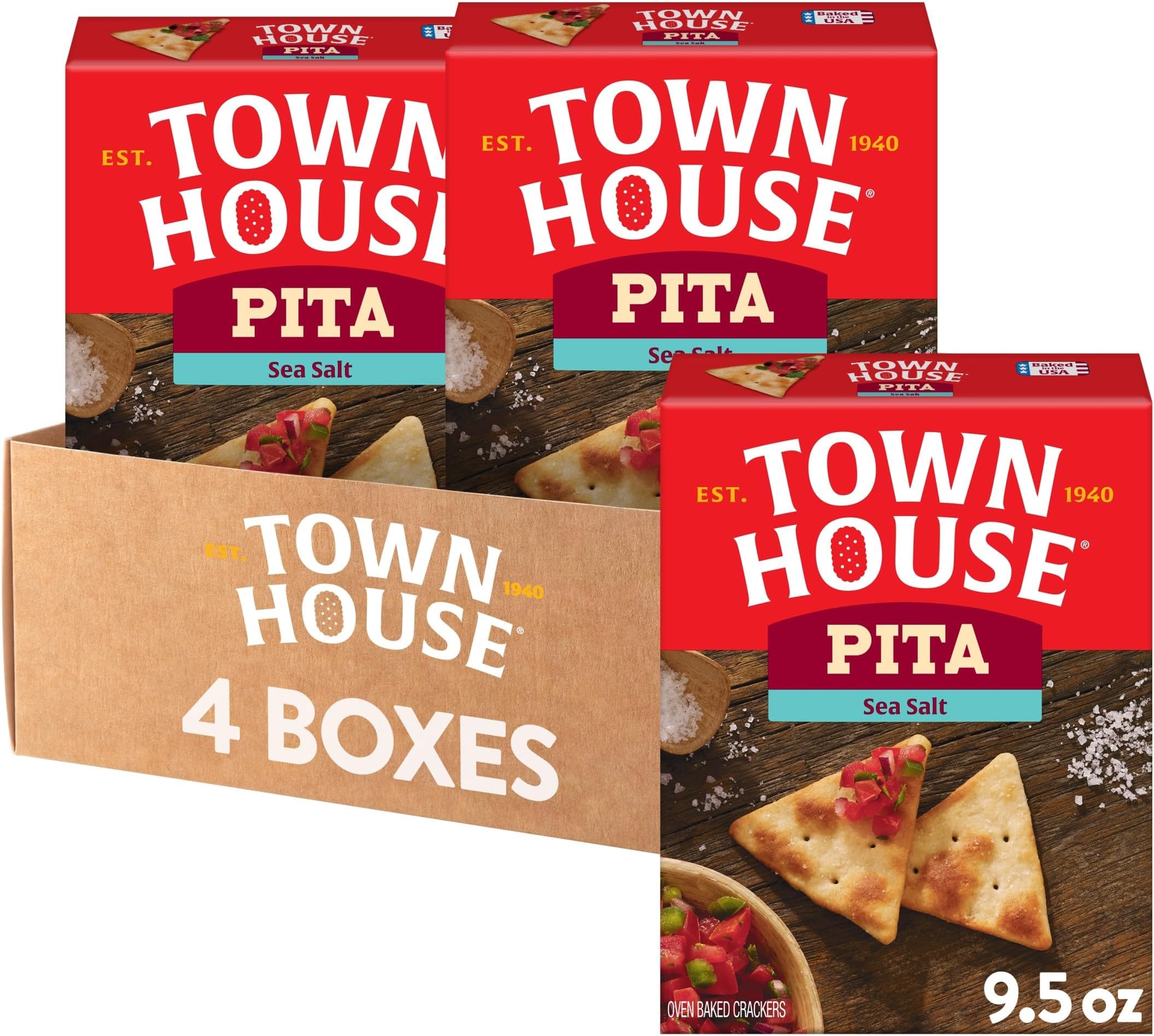 Town House Pita Crackers, Oven Baked, Lunch Snacks, Sea Salt (4 Boxes)