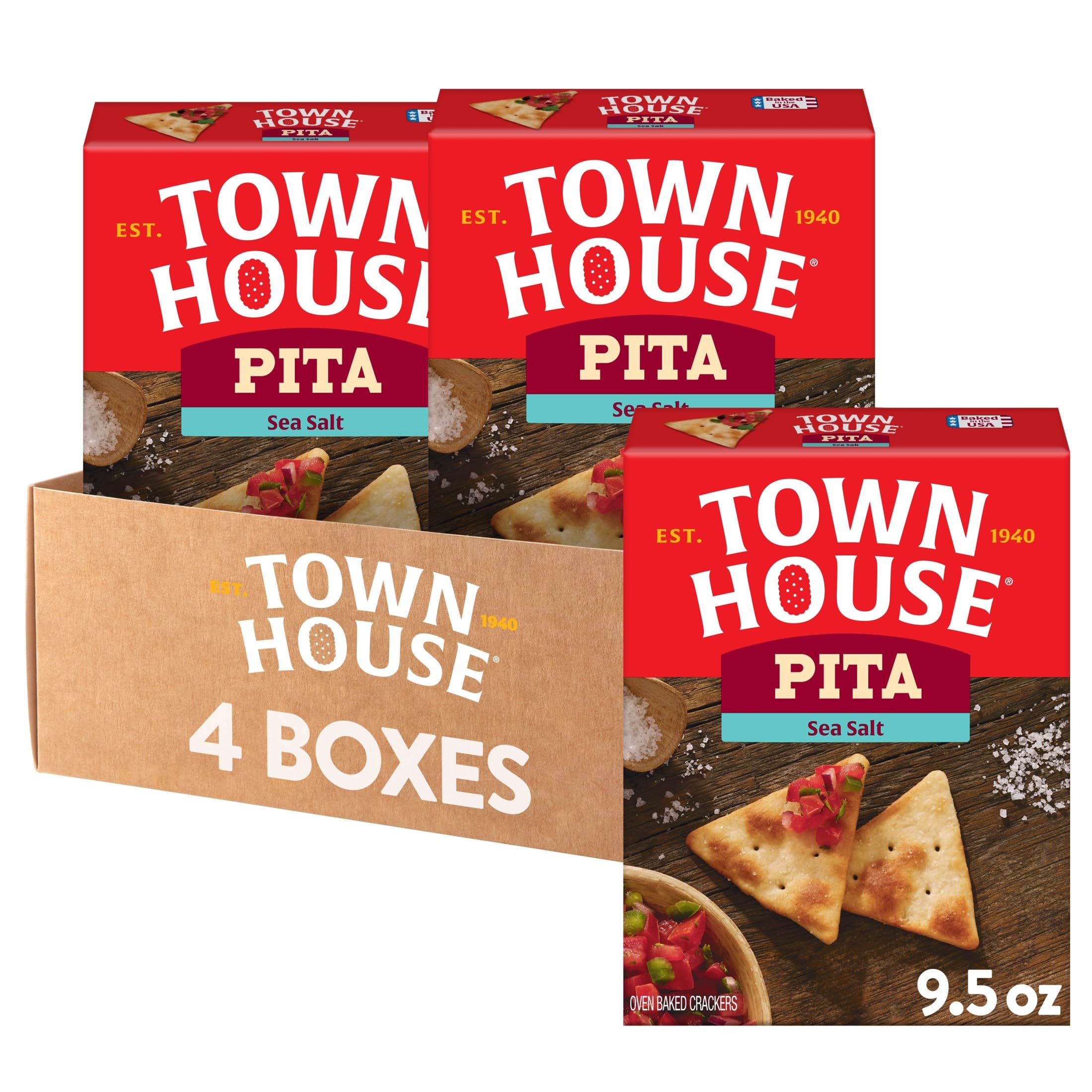 Kellogg's Town House Pita Crackers Galletas horneadas al horno, bocadillos de almuerzo, aperitivos de fiesta, sal marina (4 cajas)