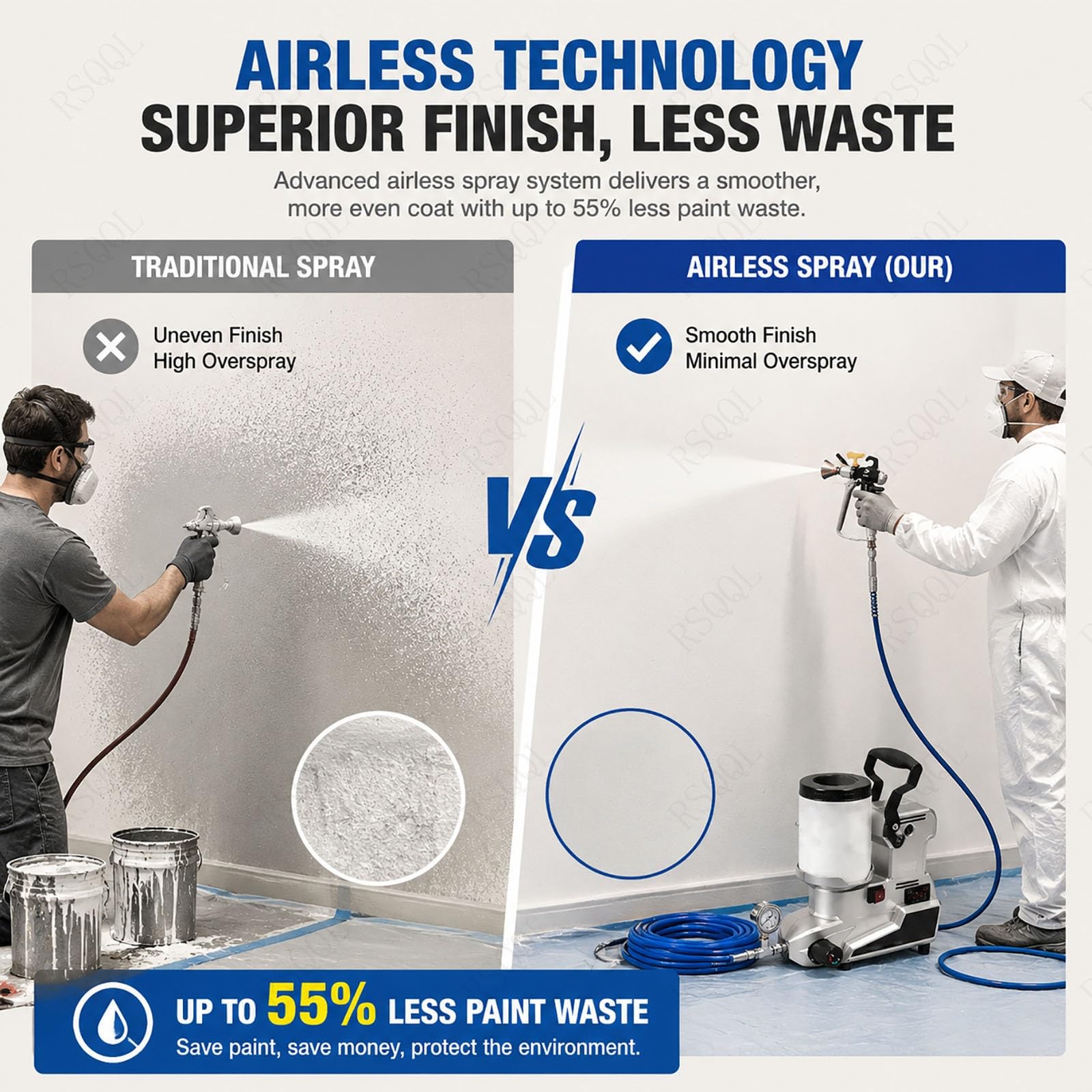 Pulverizador Airless Profesional de 1600 W, 0-850 RPM, con Tanque de 2 L y Manguera de Alta Presión, Caudal de 2500 ml/min, Uso doméstico