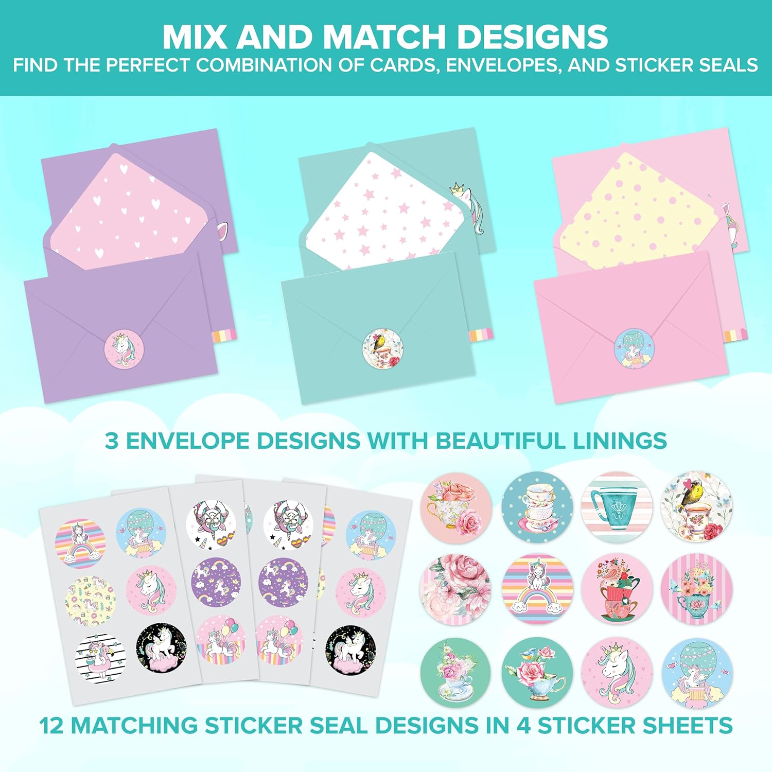 Decorably 24 Pack 4x6in Blank Unicorn Cards with Envelopes and Stickers, 12 Charming Designs - All Occasions, Birthday, Kid's Party, Baby Shower, Gifting, Mailing - Image 5
