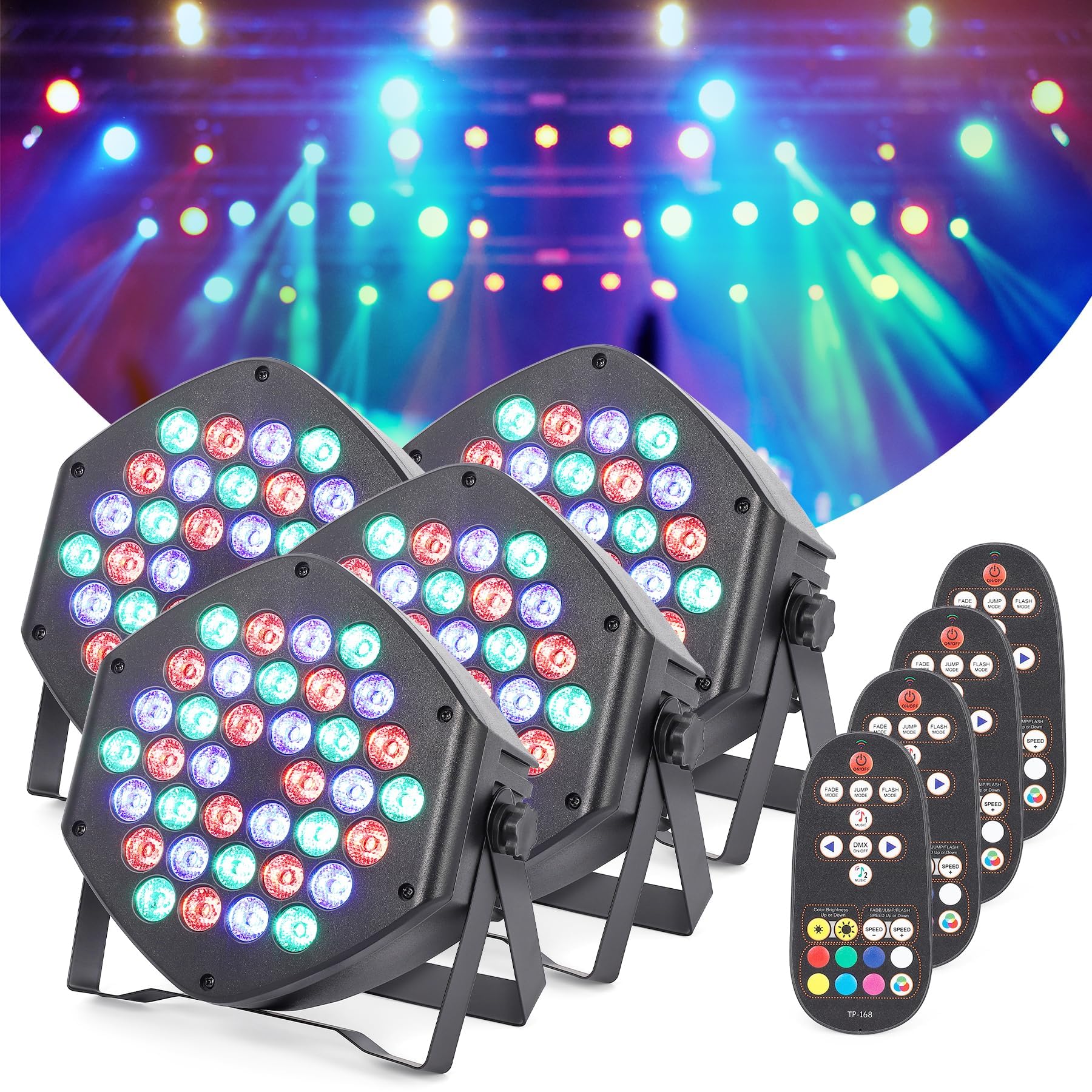 Luces Par LED DJ RGB recargables de 36 LEDs – 7 modos de iluminación, control DMX y remoto flexible – Iluminación para fiestas, discotecas, eventos y DJ – Pack europeo de 4 unidades, batería