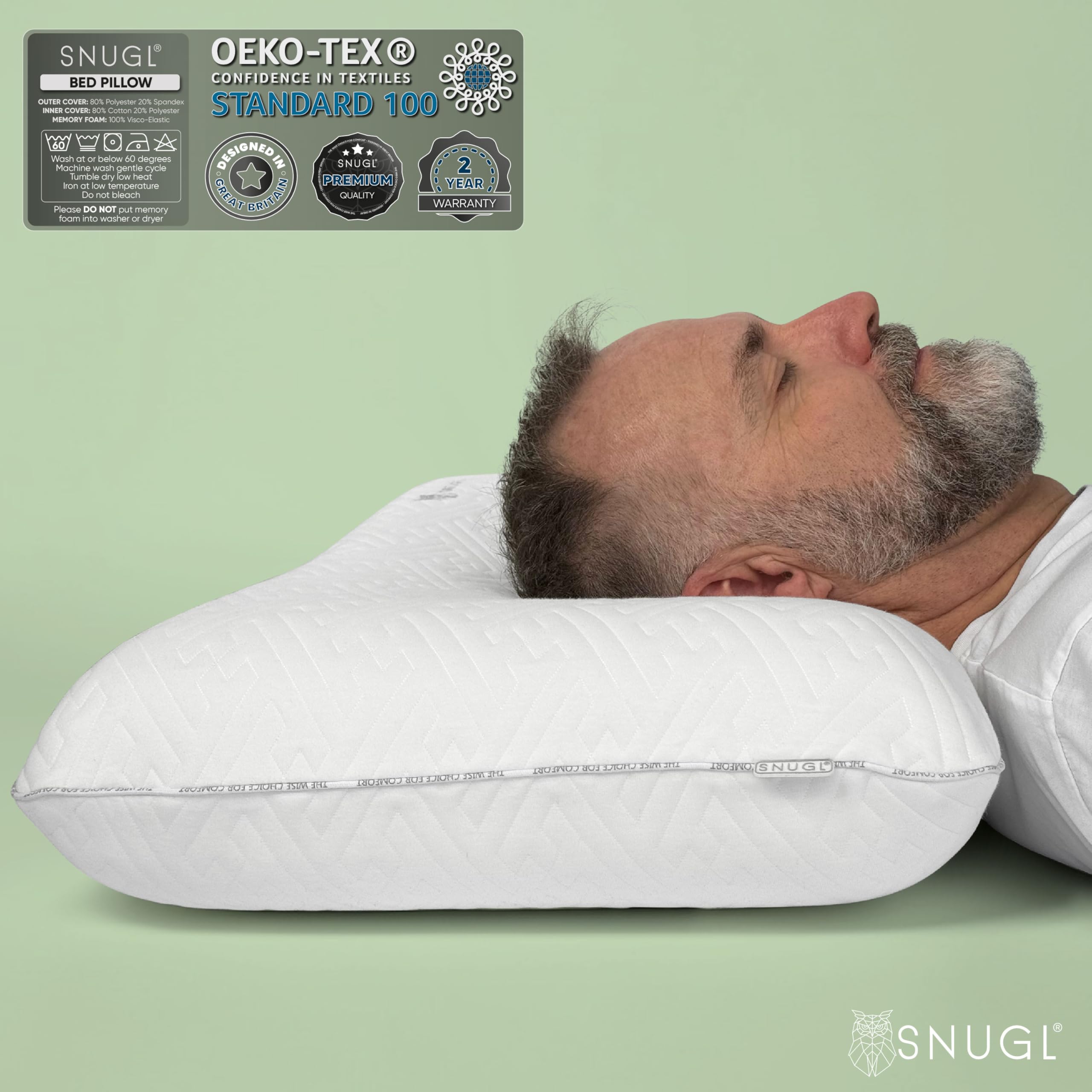SNUGL Cuscino Classico in Memory Foam – Cuscino Ortopedico per Dolori Cervicali, al Collo e alle Spalle – Supporto Ergonomico per Dormire su un Fianco o sulla Schiena – Cuscino Letto Ipoallergenico