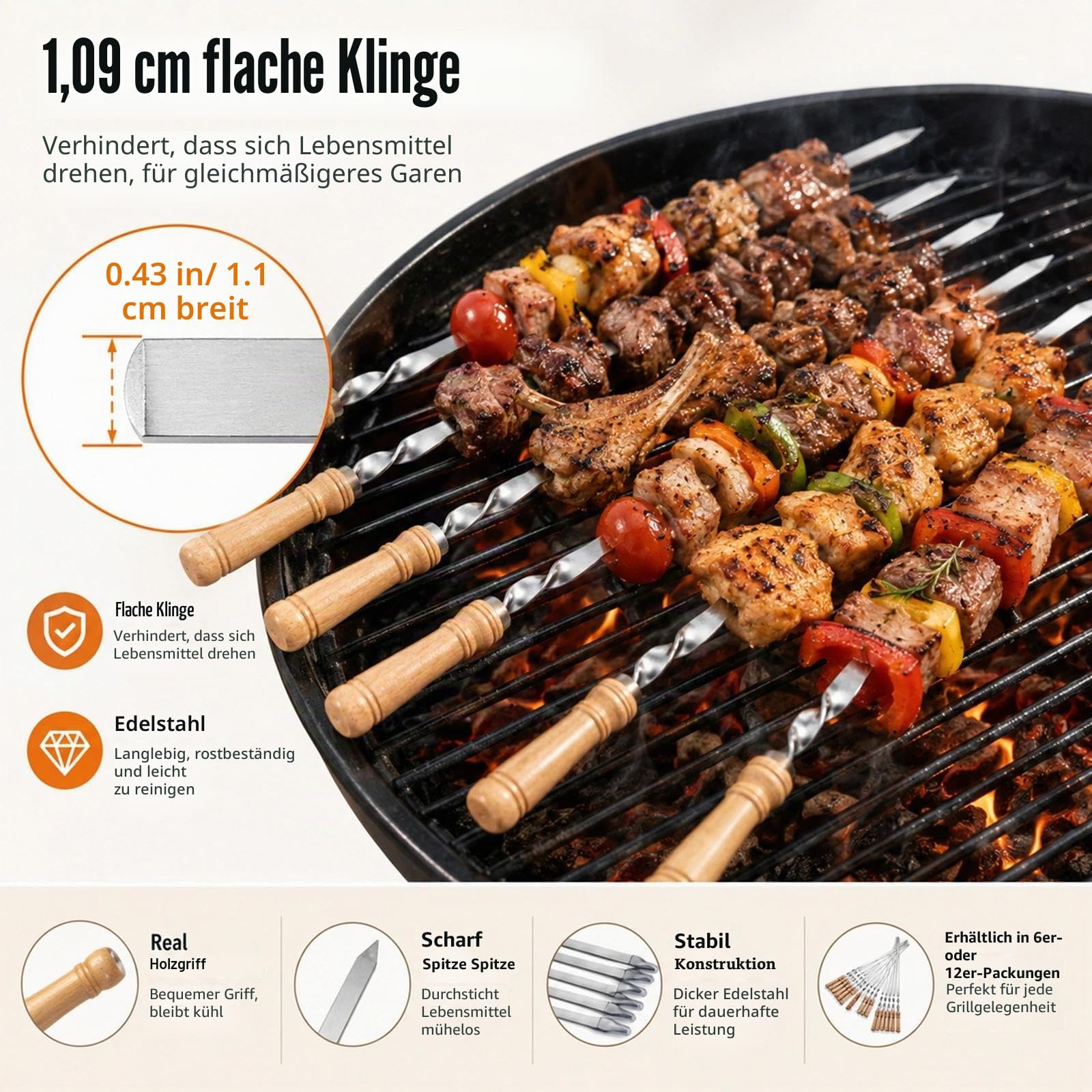 IMEEA 55cm Grillspieße Adana Spieße Wiederverwendbar Edelstahl Barbecue Grillspieße Spieße Schaschlikspieße mit Holzgriff(12 Stück）