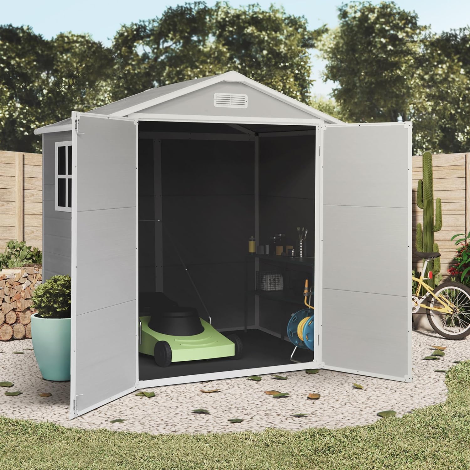 WASABI Aqua 2.6 Garden Resin Shed – Double Door – Natural Light Window – Panels 12 mm Thickness – Floor Included – Grey White – PVC Shed Outdoor Storage 2.4 m²