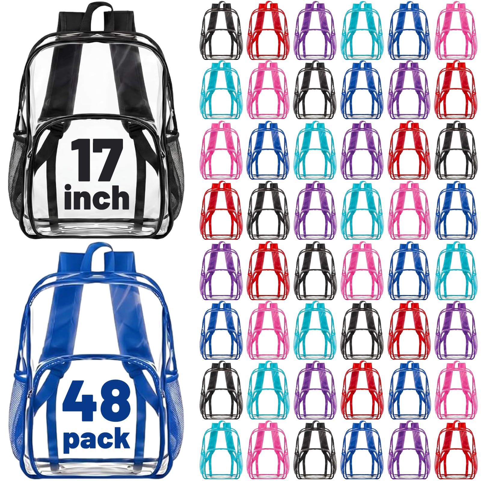 Amylove 48 Pcs Clear Backpack bulk for Stadium Events Heavy Duty PVC Transparent Bookbag for College Workplace Security (17 Inches,6 Colors)
