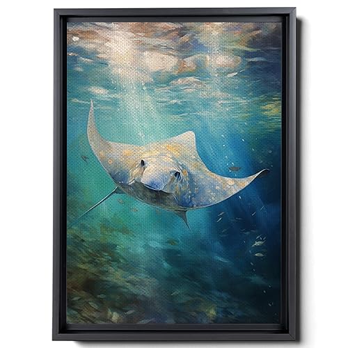 Nautical Print on Canvas for Wall Decor, Ocean Fish Manta Ray Canvas Wall Art, Beach Print for Wall Hang, Turquoise Coastal Pictures Wall Decor,