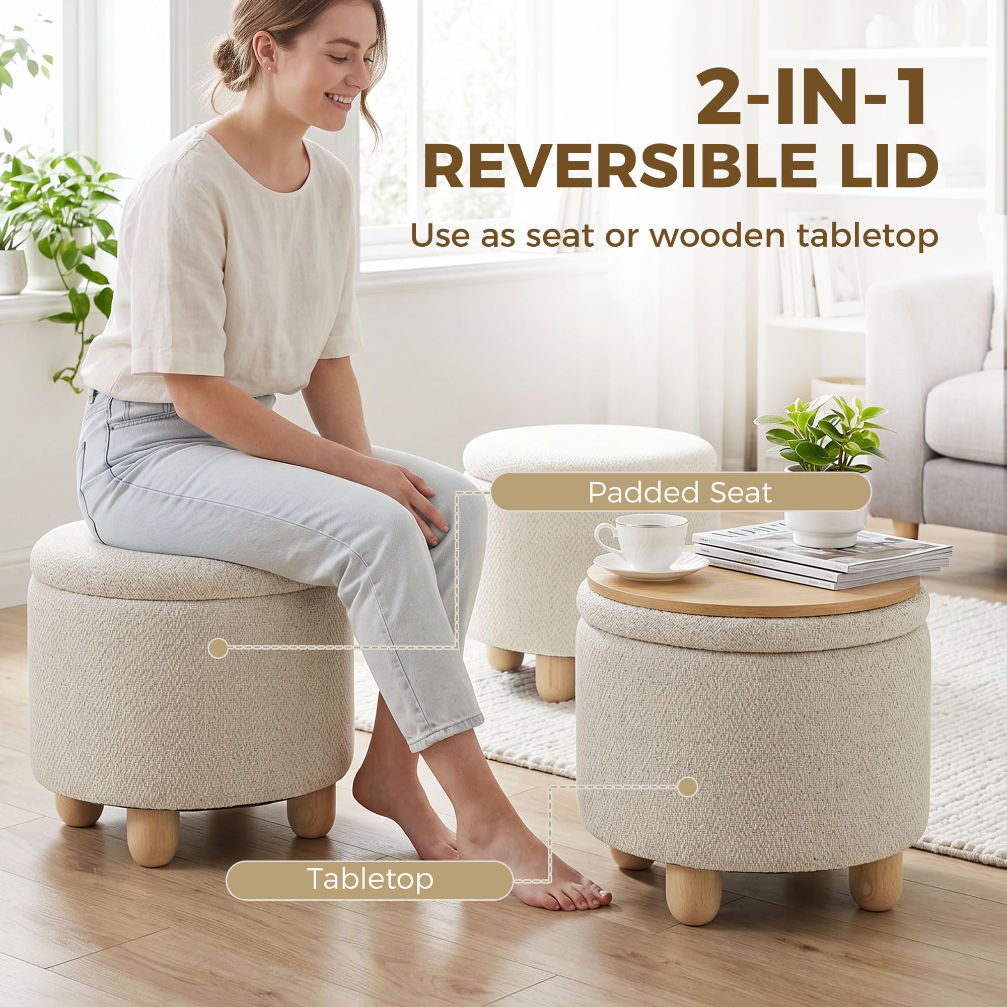 HOMCOM Pouf Contenitore Rotondo 19L con Coperchio 38.5x38.5x33.5 cm Beige | Tessuto Effetto Iuta, Sgabello Contenitore, Capacità 120kg, Camera da Letto, Soggiorno, Ingresso