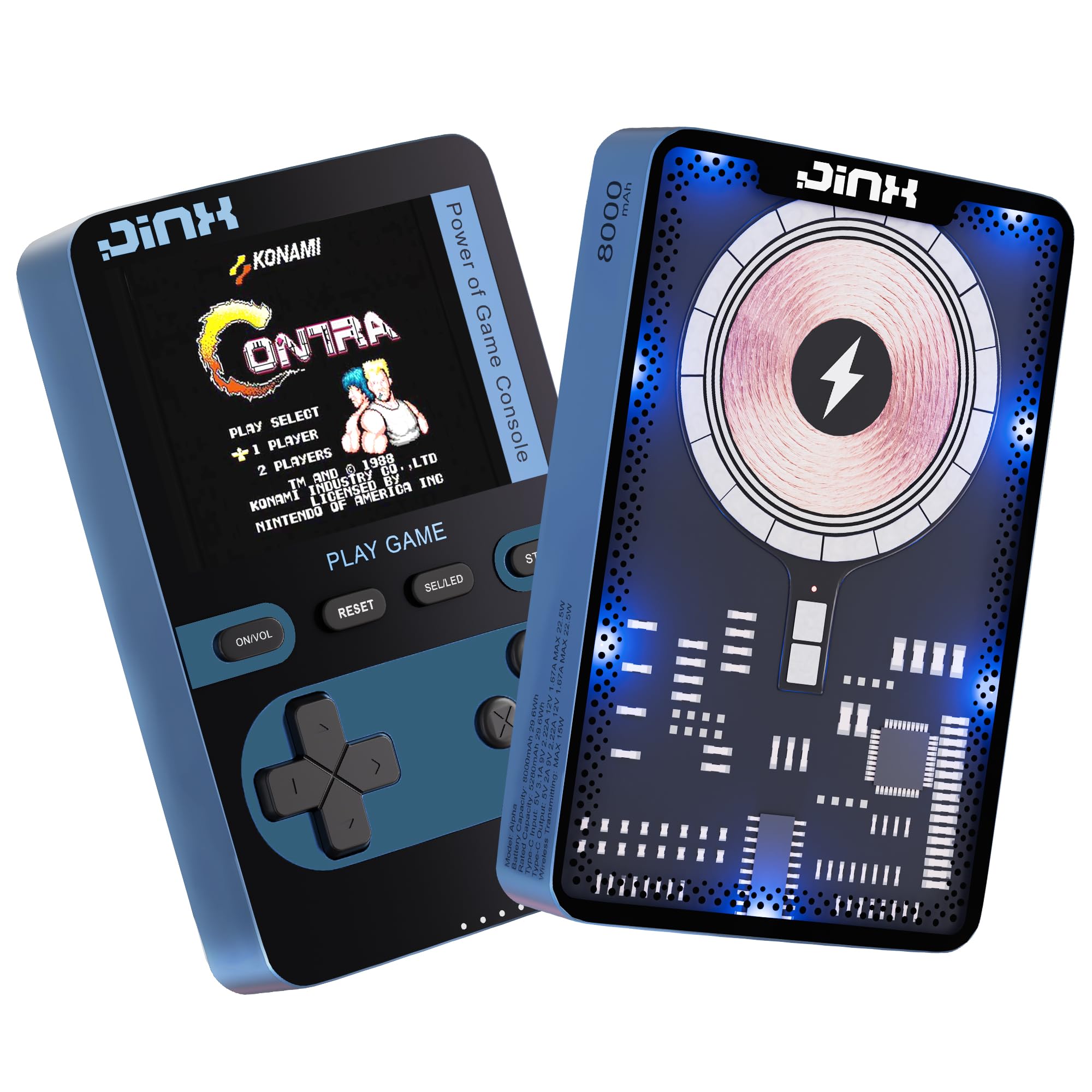 JINX Alpha Wireless Magnetic Powerbank with Retro Video Game|Classic Built-in Games with Powerbank|8000mAh 15W Li-Polymer Magsafe Compatible Power Bank Fast Charging for iPhone, Android (Blue)