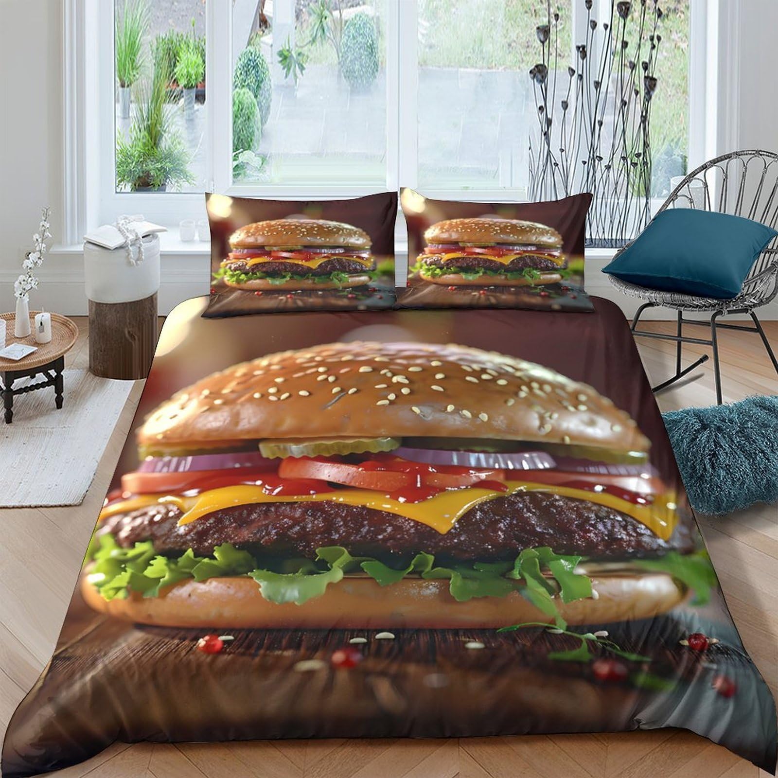 Ctjqhvkz Style-1 3D Printed Burger Pattern Fitted Sheet Microfiber Soft Mattress Cover For Bedroom Decor, Non Slip, Machine Washable Single（135X200cm）
