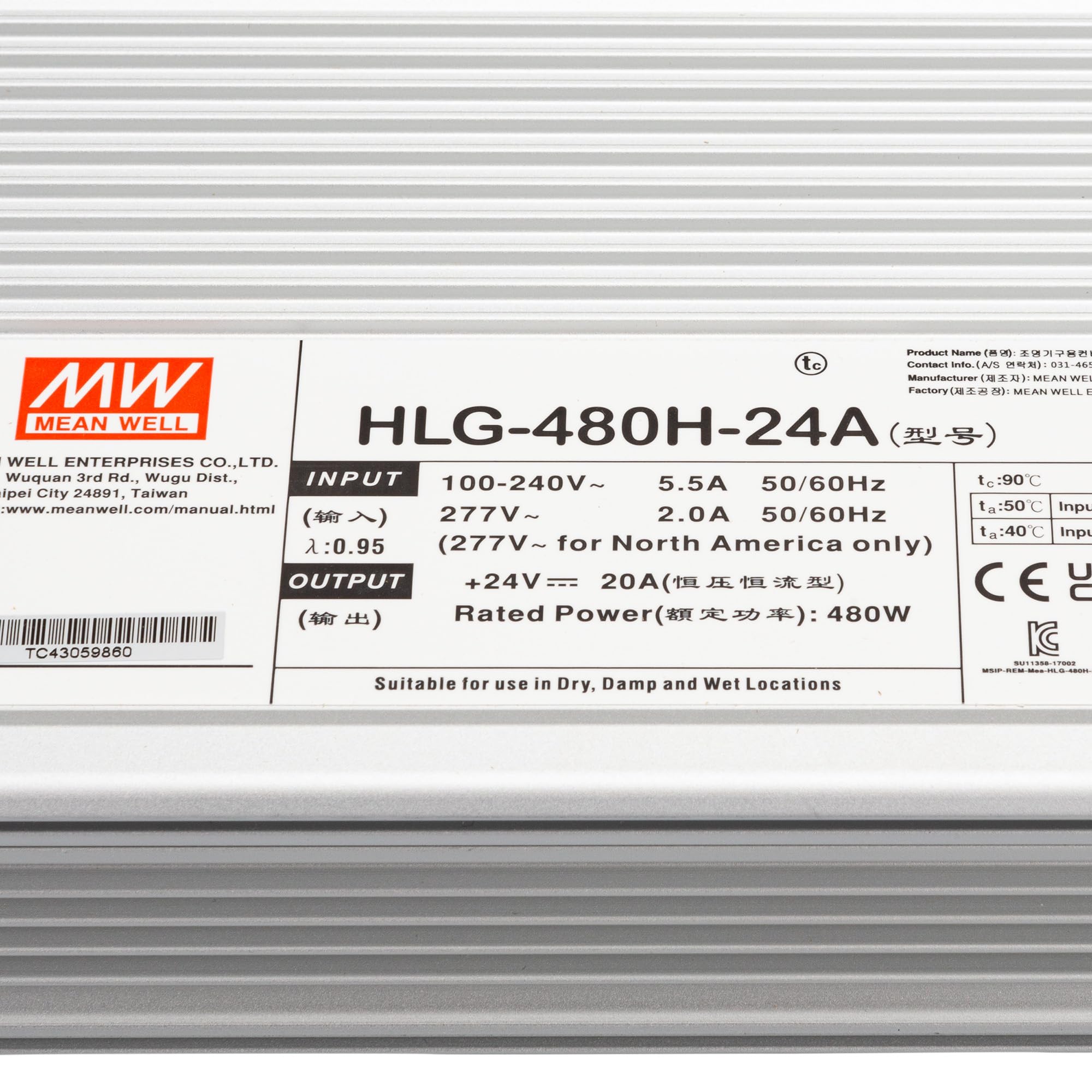 Mean Well HLG-480H-24A - Driver LED a tensione costante, corrente costante, 480 W, 20 A, 24 V/DC per esterni, PFC-Sch