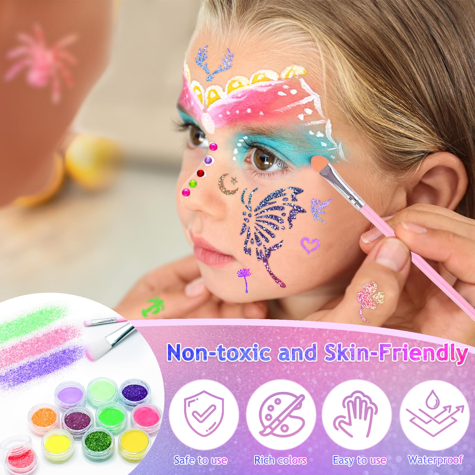Glitzer Tattoo Set, 48 Farben Temporäre Glitzertattoo mit 204 Schablonen, 5 Pinsel, 3 Kleber und 218 Strasssteinen Wasserdichte Tattoos für Partys - 4