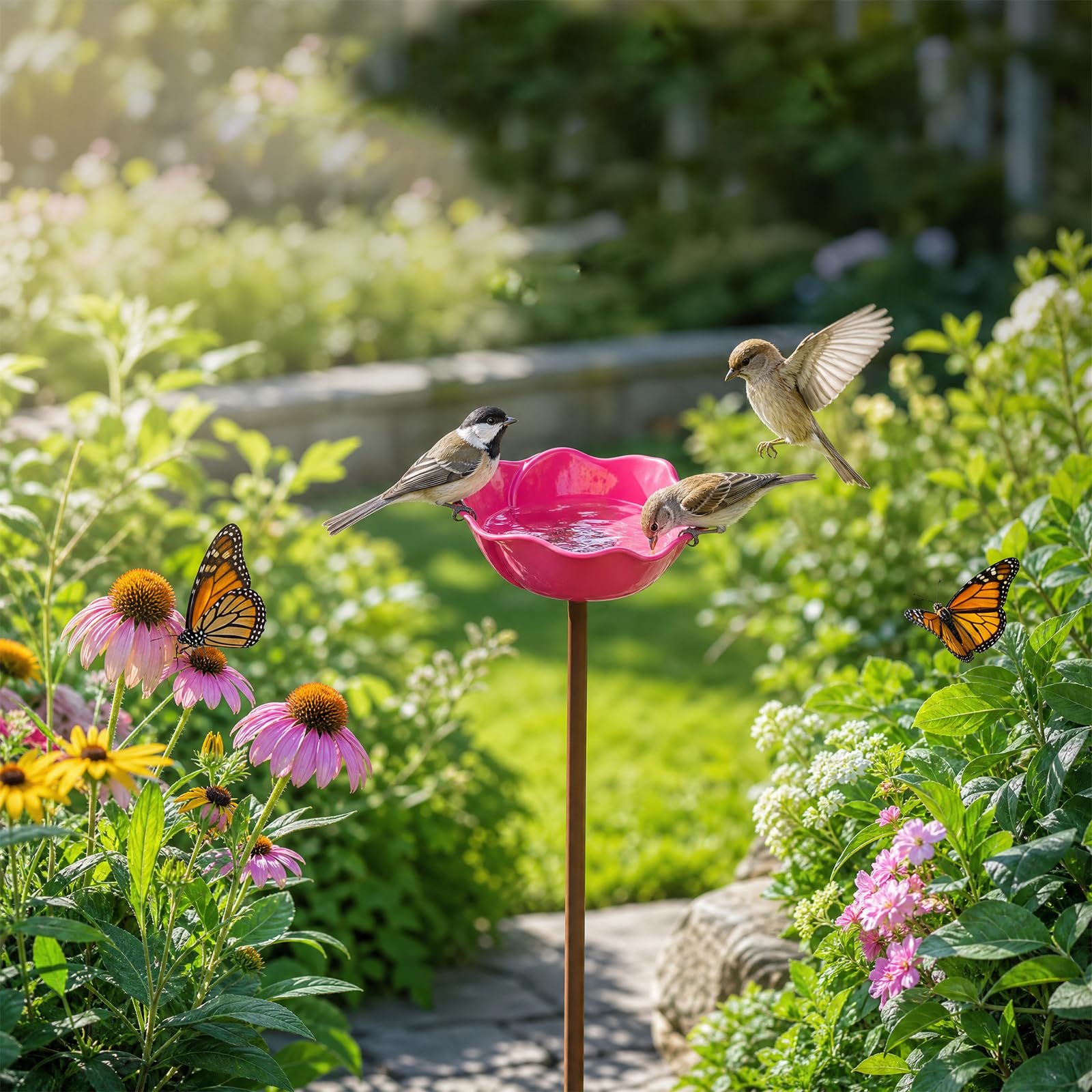Bpyhebe Metal Flower Bird Feeder Stake, Handmade Bird Bath Butterfly Bee Watering Station for Outdoor Garden Yard Decor(Rose pink)