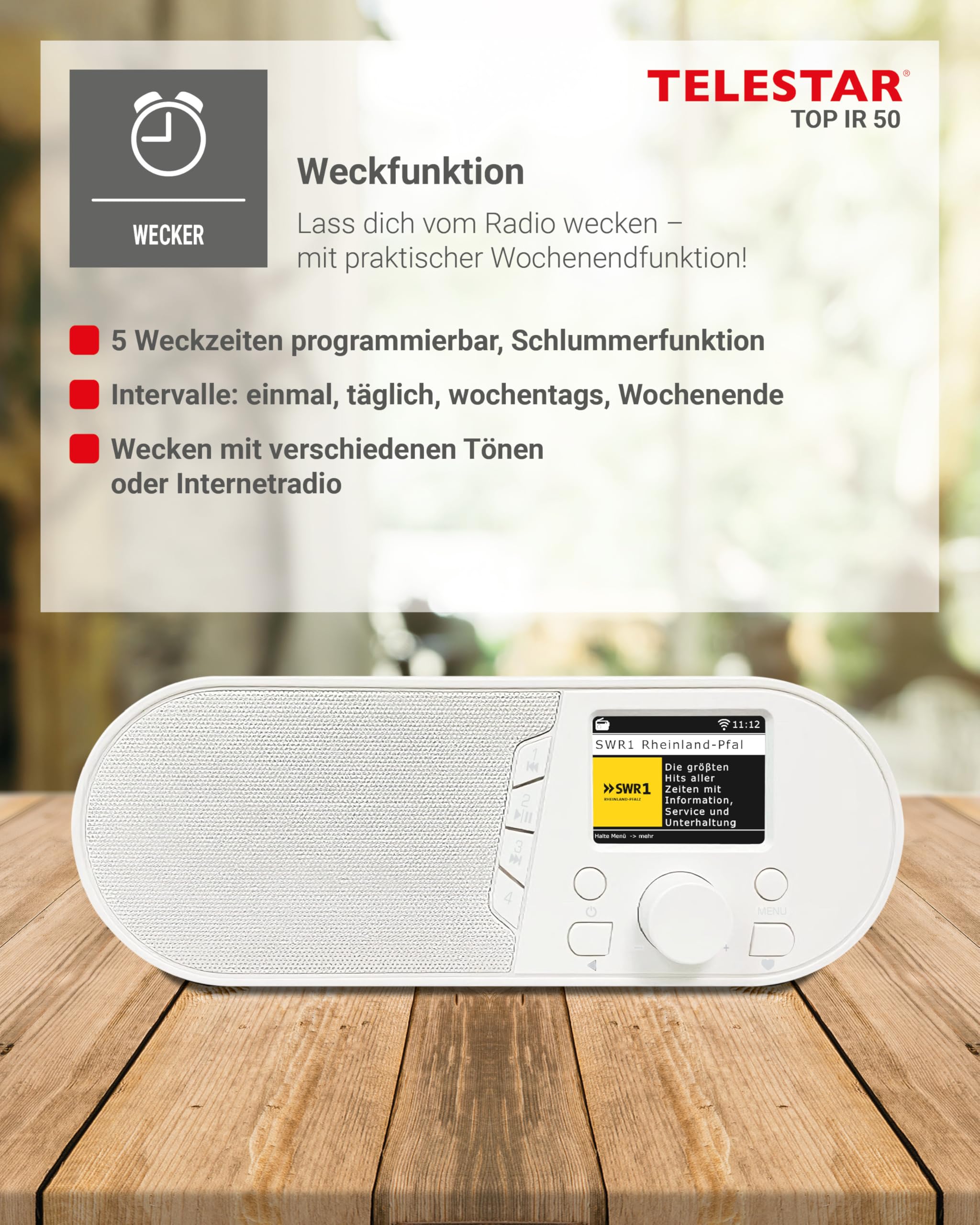 TELESTAR TOP IR 50 – Internetradio, Bluetooth Audio-Streaming – Weiß | 7 W, USB-Aufnahmefunktion, Stationstasten am Gerät, Dimmfunktion, Nachtmodus, Hotelmodus, Fernbedienung